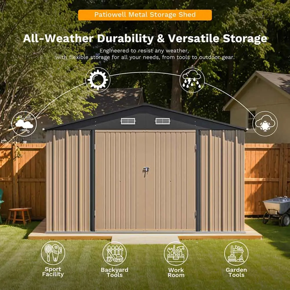 patiowell metal storage shed all-weatrher durability and versatile storage color:Khaki|style:without floor base,with floor base|floor:with floor,without floor