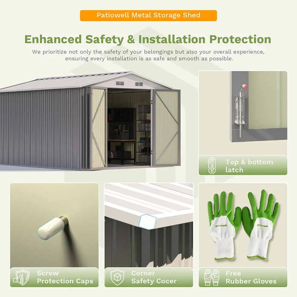 patiowell-large-metal-storage-shed features
color:cool gray|style:without floor base,with floor base|floor:with floor,without floor