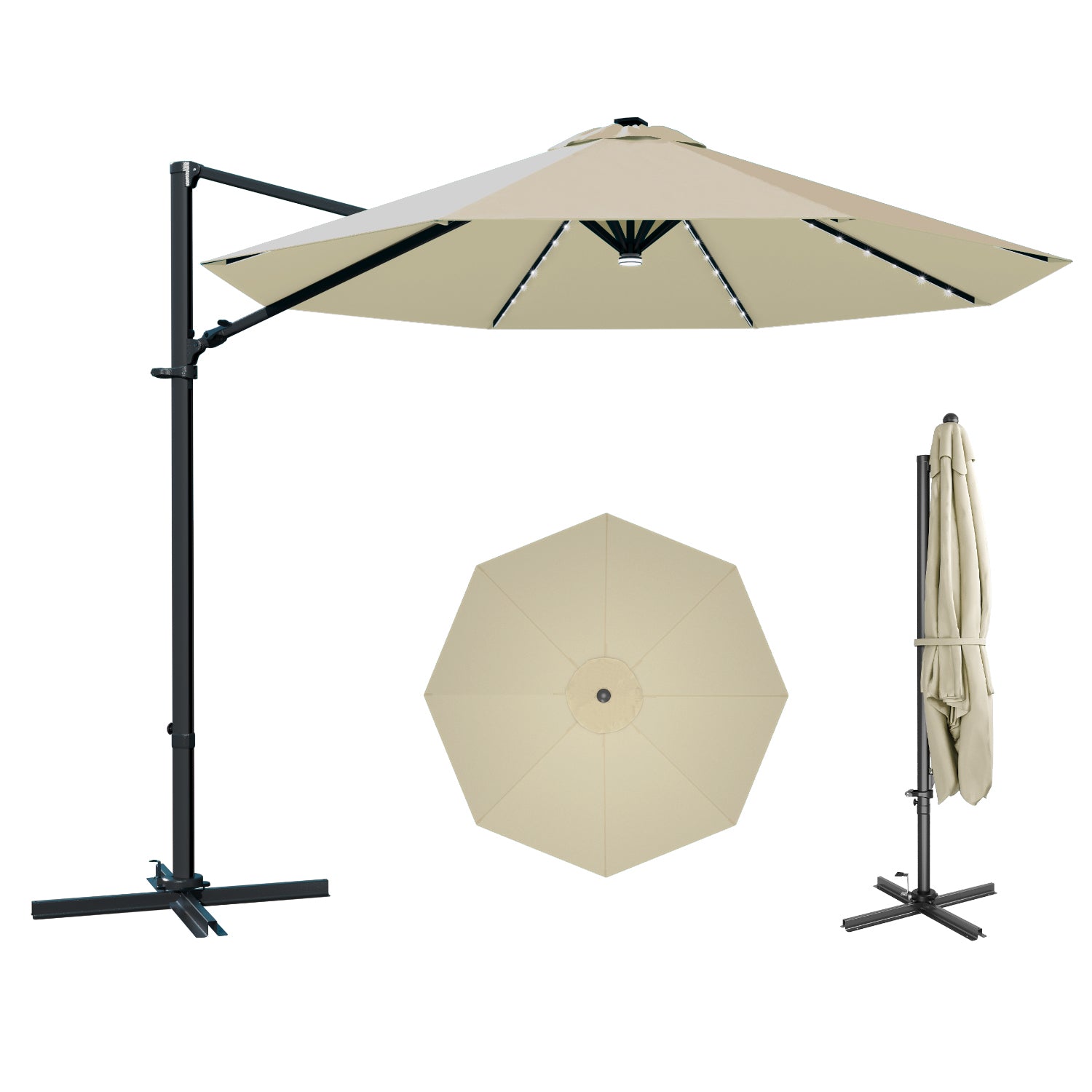 10ft Cantilever Patio Umbrella with Light & Rotation, Beige