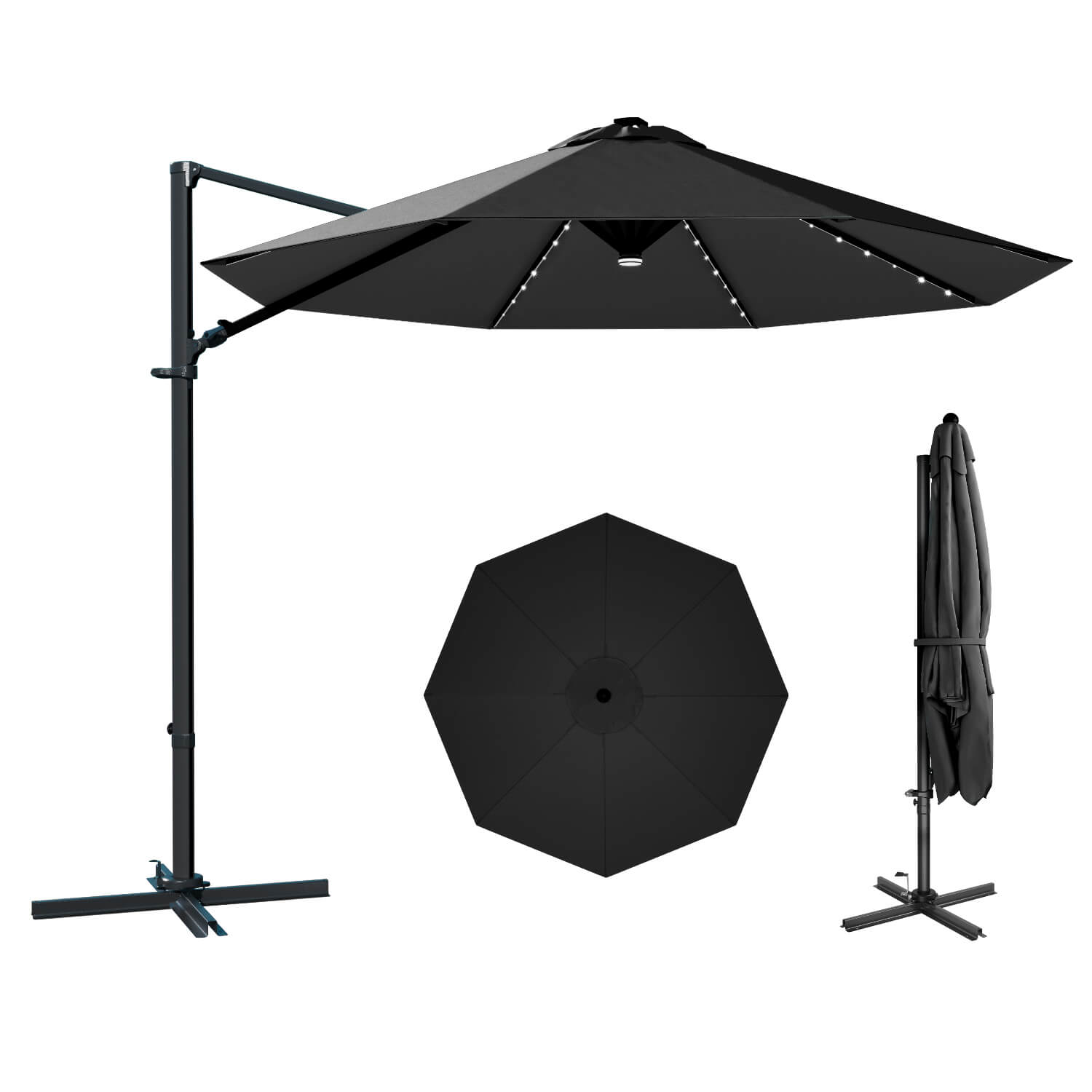 10ft Cantilever Umbrella with Solar Light & Rotation, Black