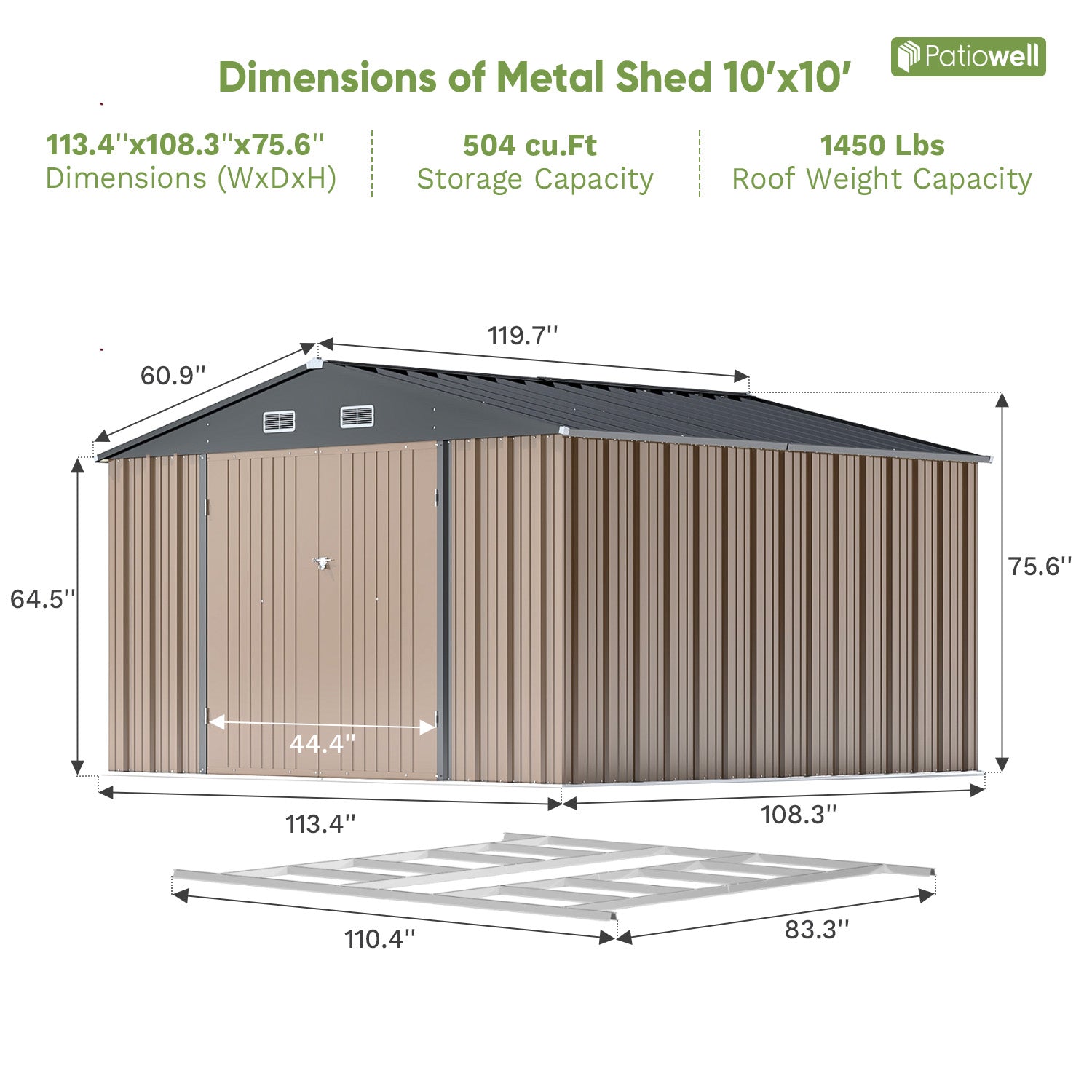 Patiowell 10x10 metal shed brown with floor
color:brown|style:with floor base