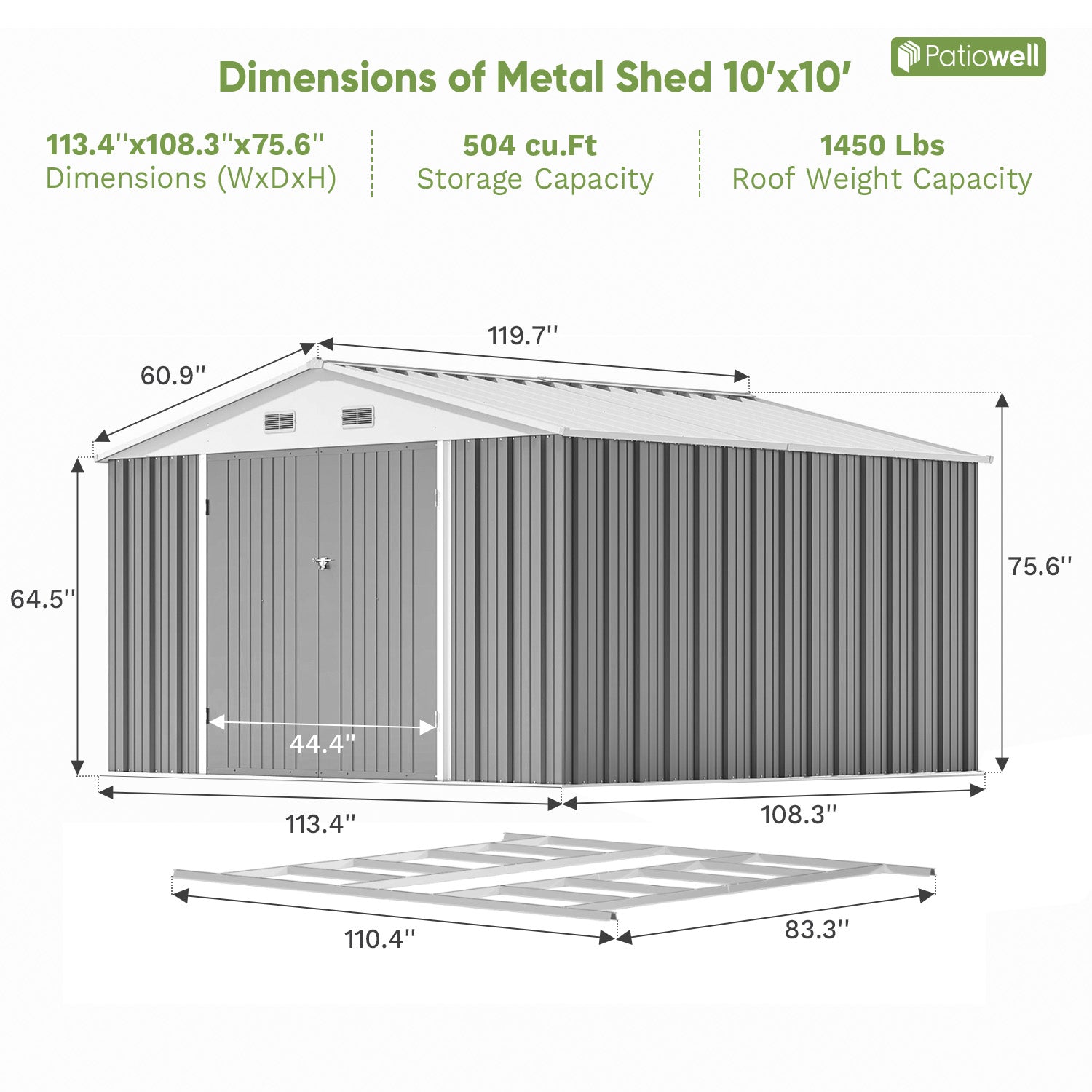 Patiowell 10x10 metal shed gray with floor