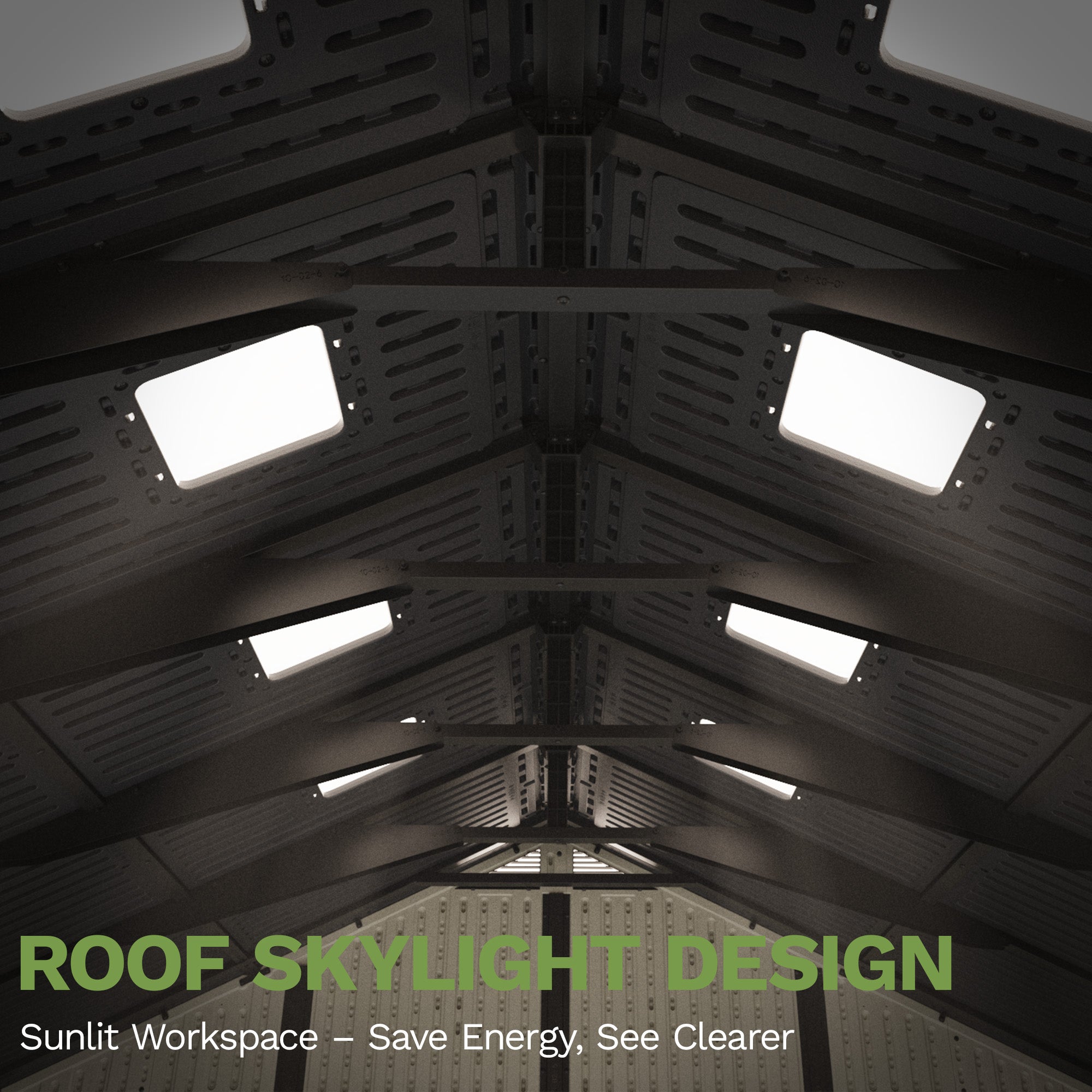 Roof skylight design with text 'Sunlit Workspace - Save Energy, See Clearer' on a geometric patterned background.
size:10x14