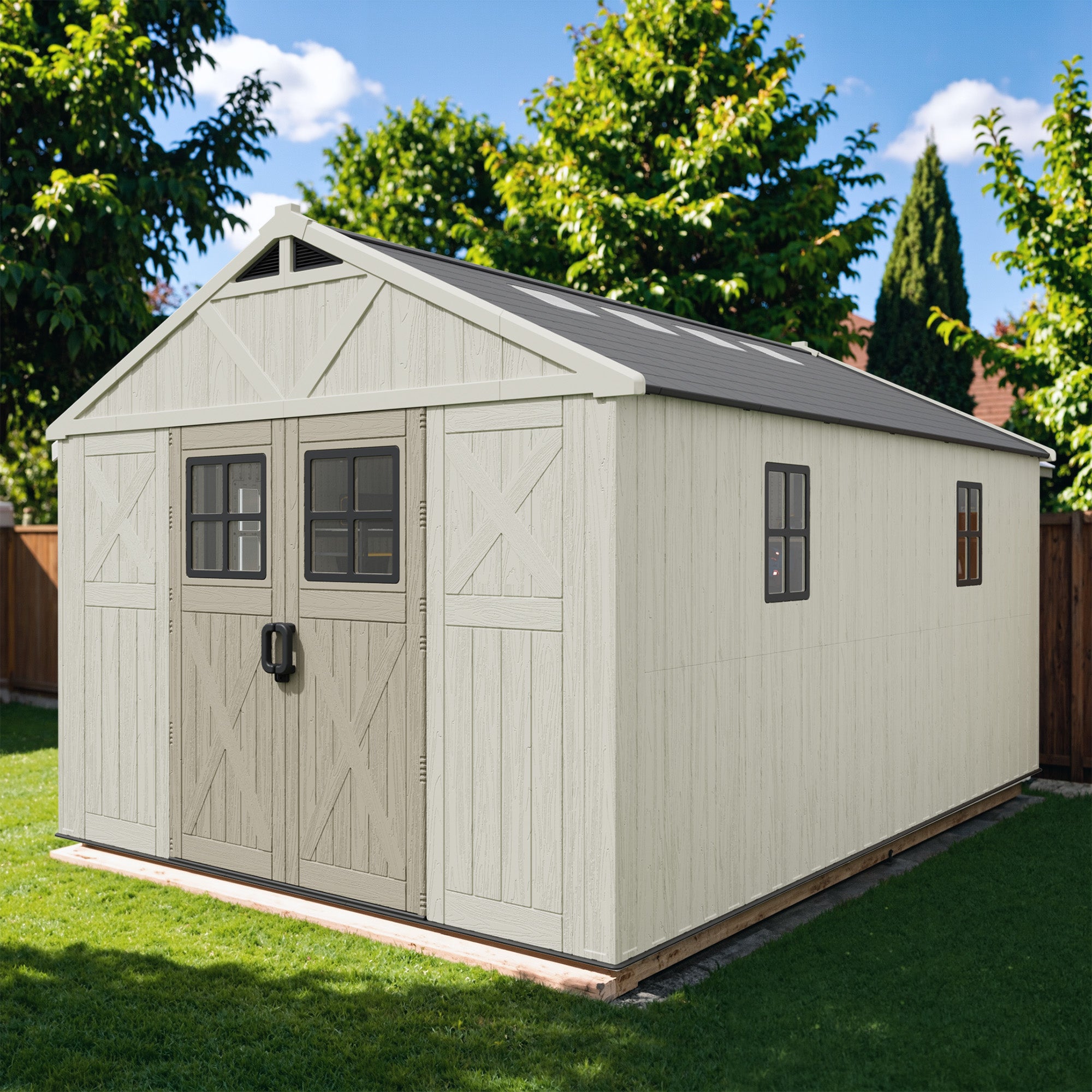 Beige storage shed with a gray roof in a garden setting
size:10x14