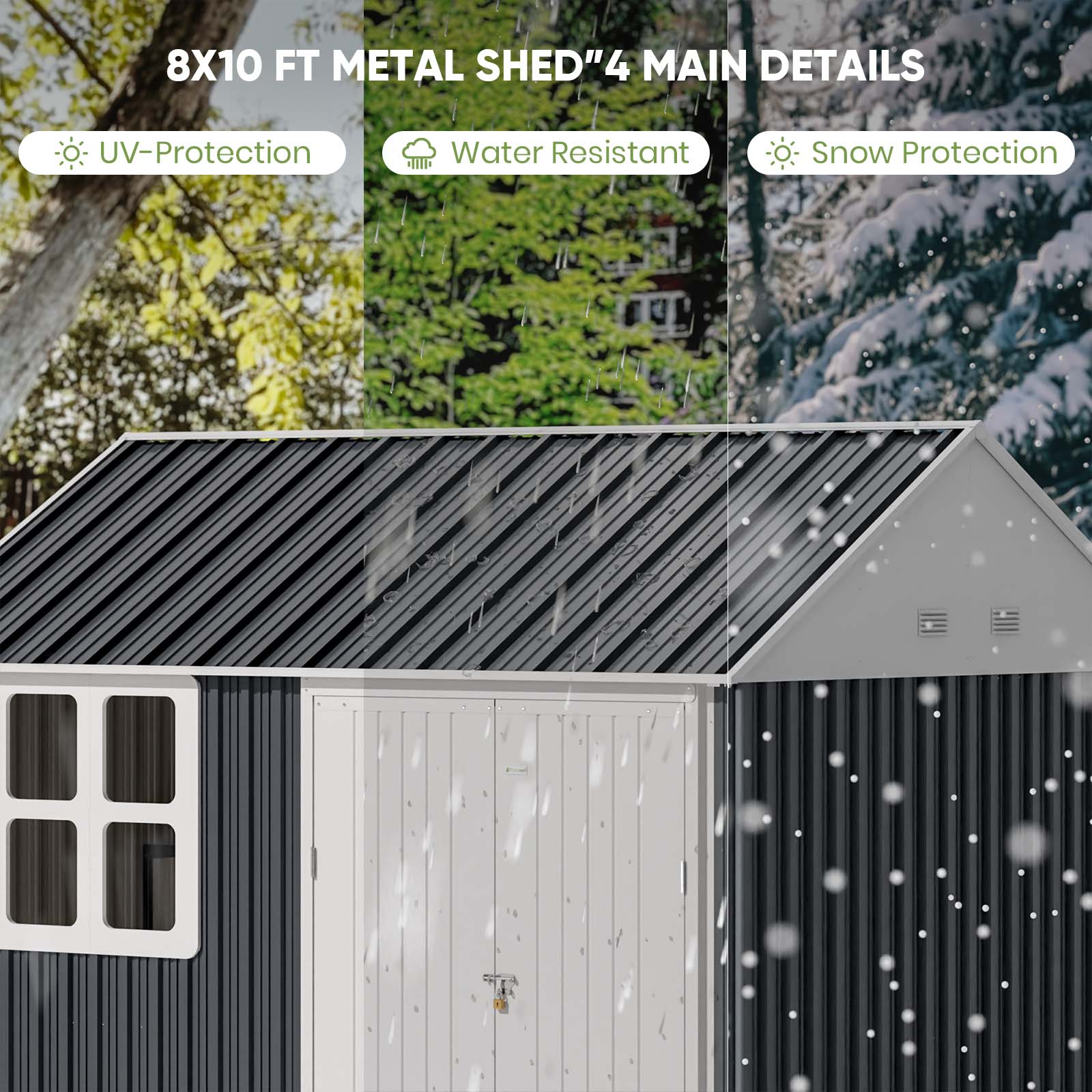 8x10 ft metal shed with features highlighted on a snowy background