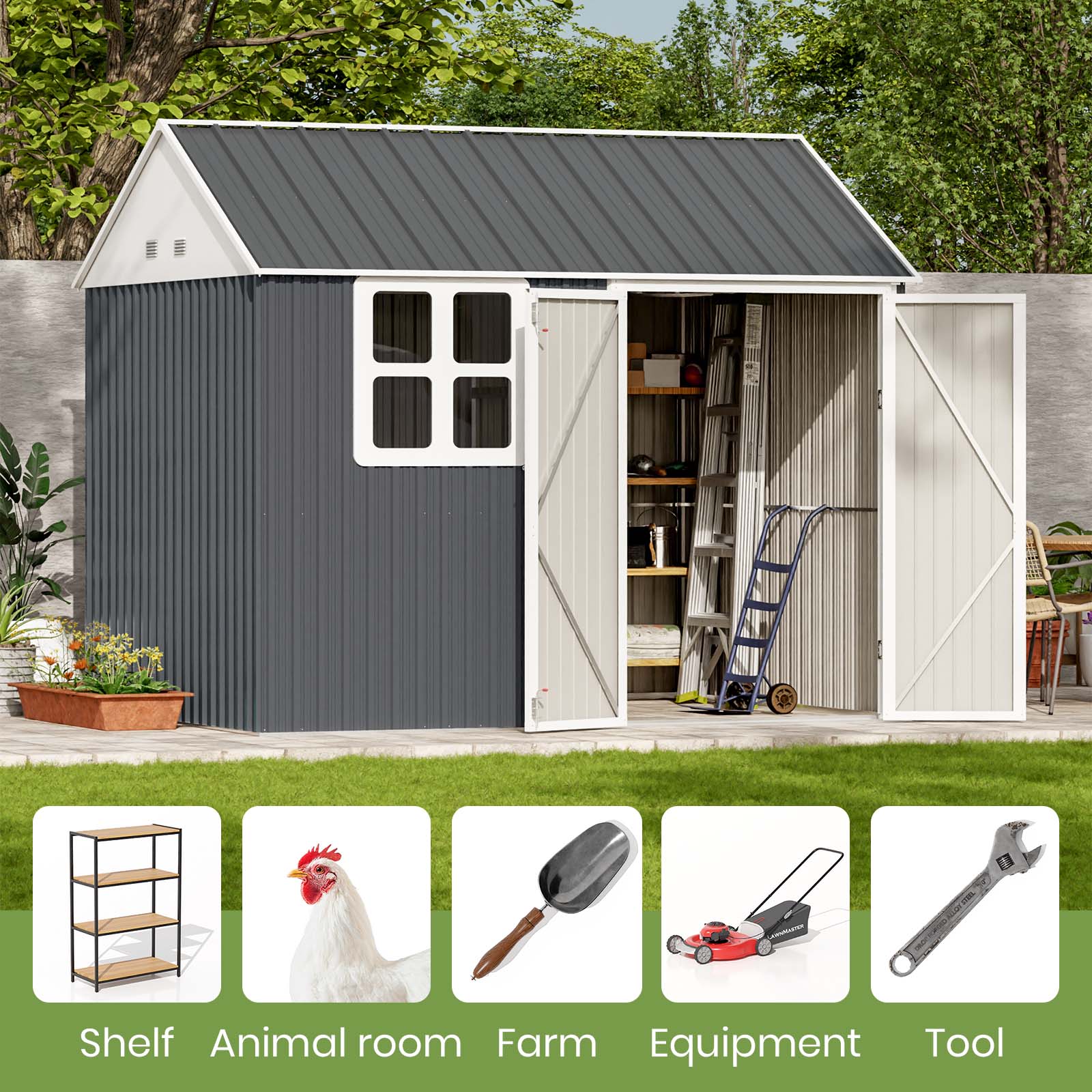 Gray metal storage shed with open doors, surrounded by greenery and outdoor items.