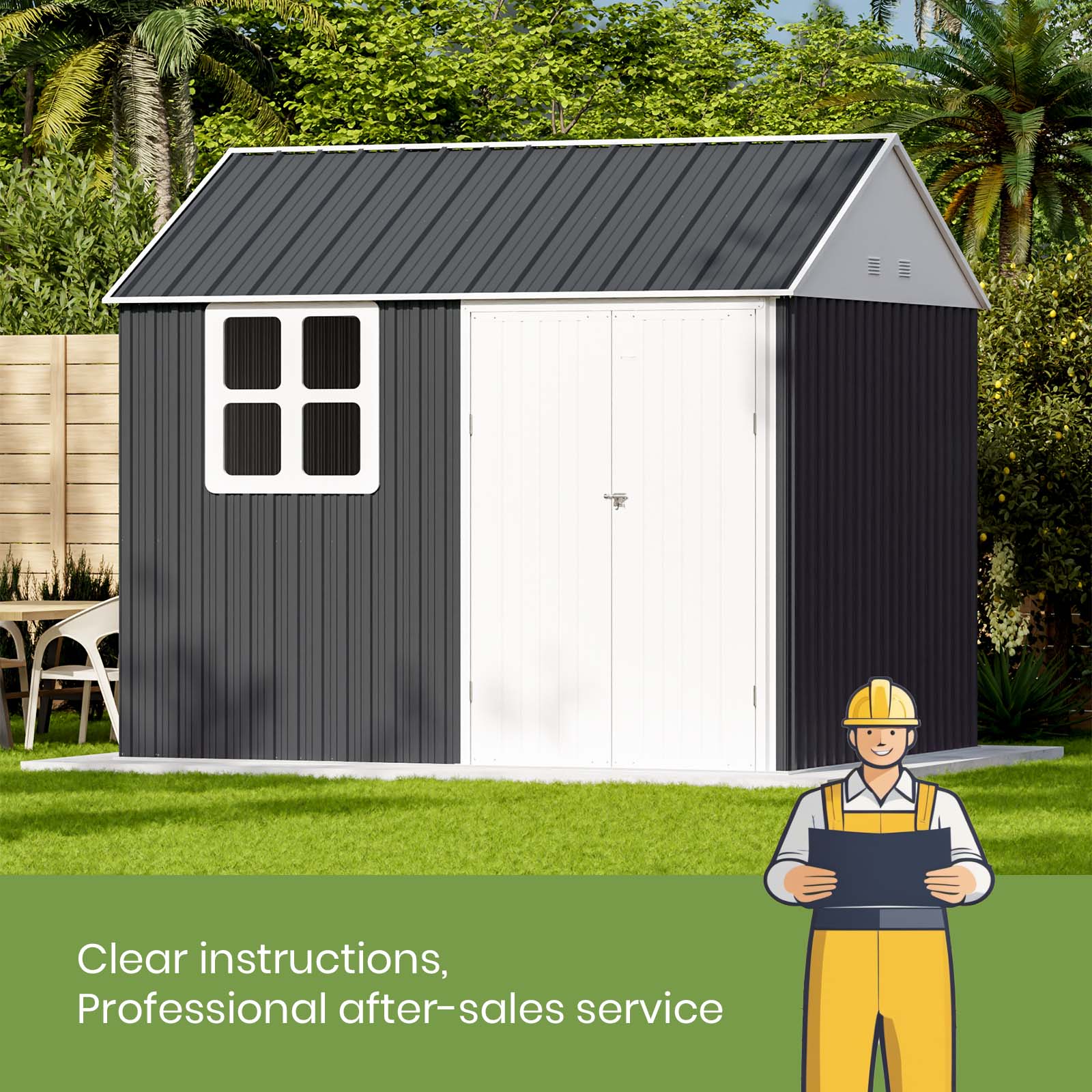 Shed with a person in a hard hat and overalls holding a clipboard, set against a green background with text about clear instructions and professional after-sales service.