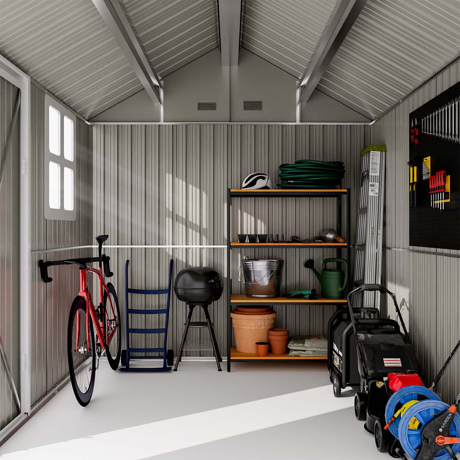 Storage shed interior with various items including a bicycle, lawn mower, and shelves.