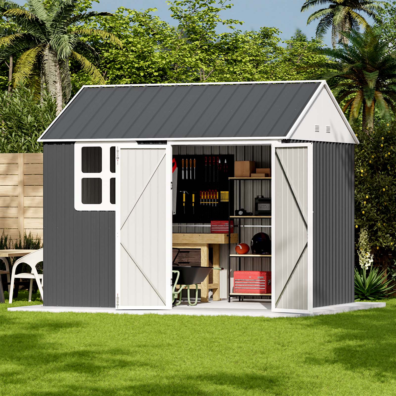 Gray and white storage shed with open doors in a garden setting