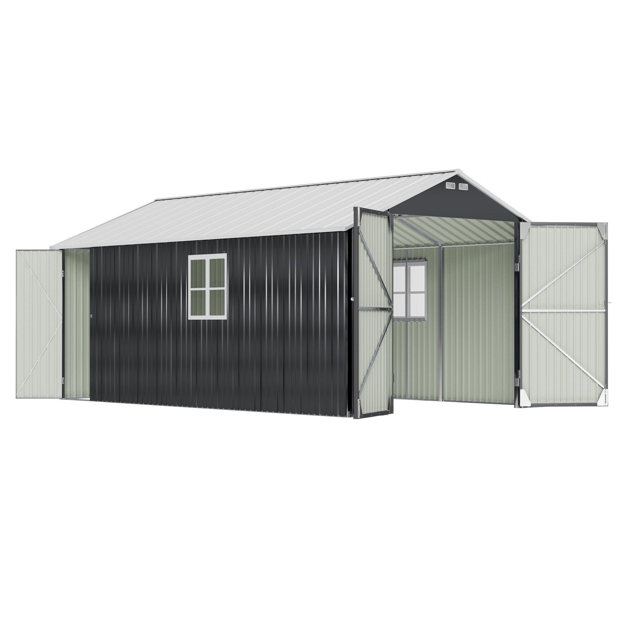 12x20ft Metal Shed Outdoor Garage w/ Doors, Black & White | Patiowell