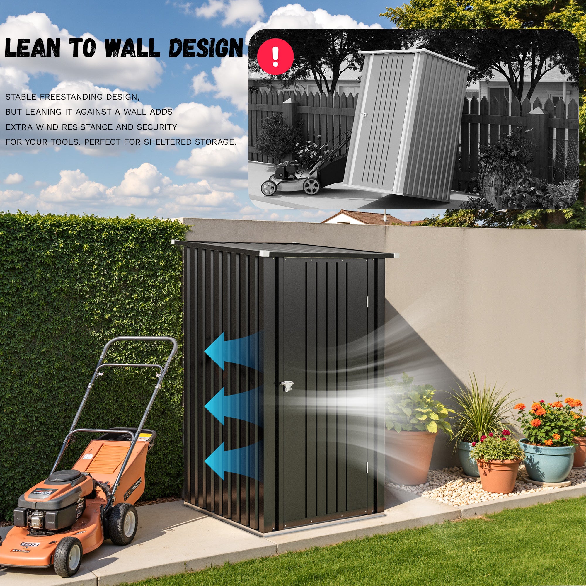 Metal storage shed with a lawn mower and plants, leaning against a wall.
