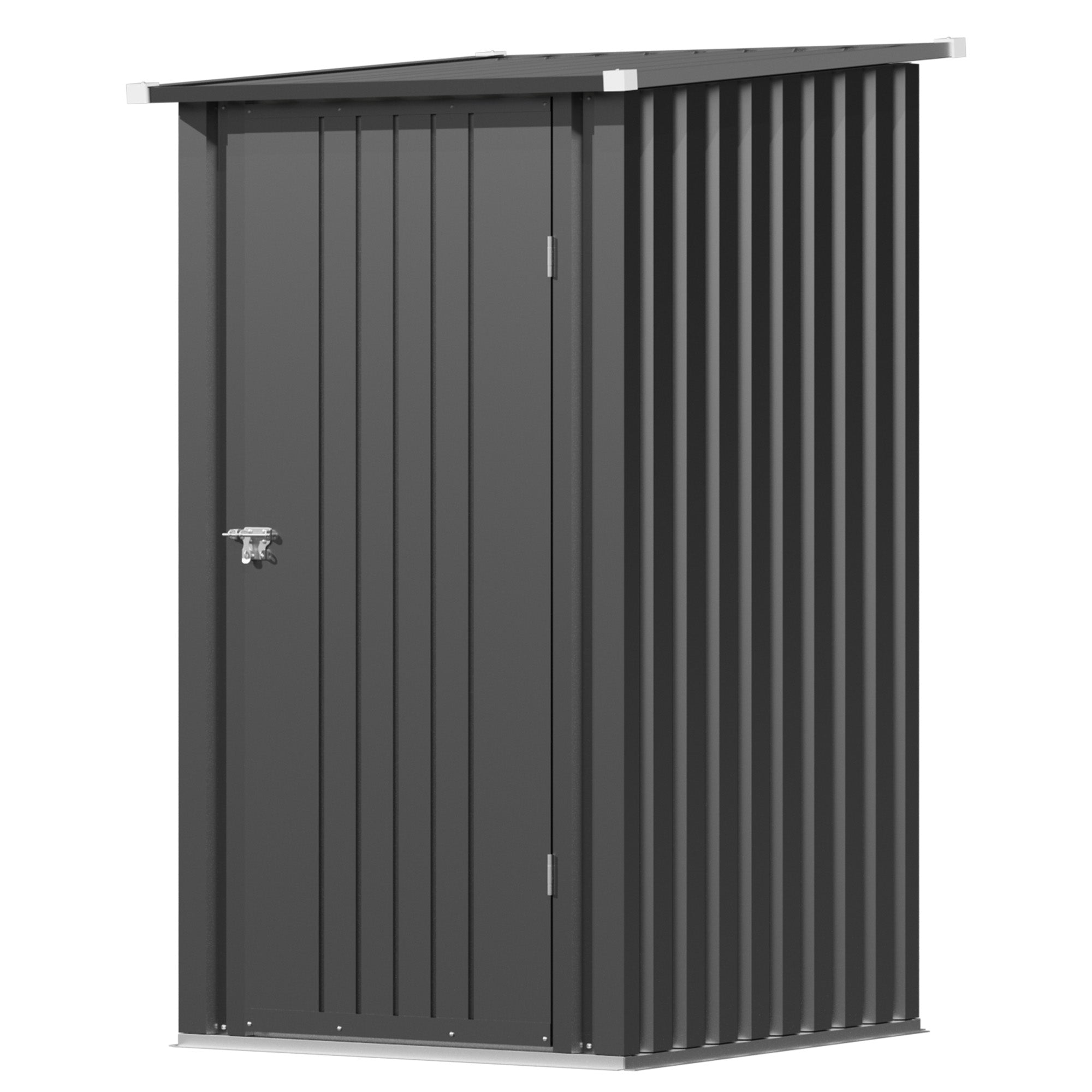 Gray metal storage shed with a door on a white background