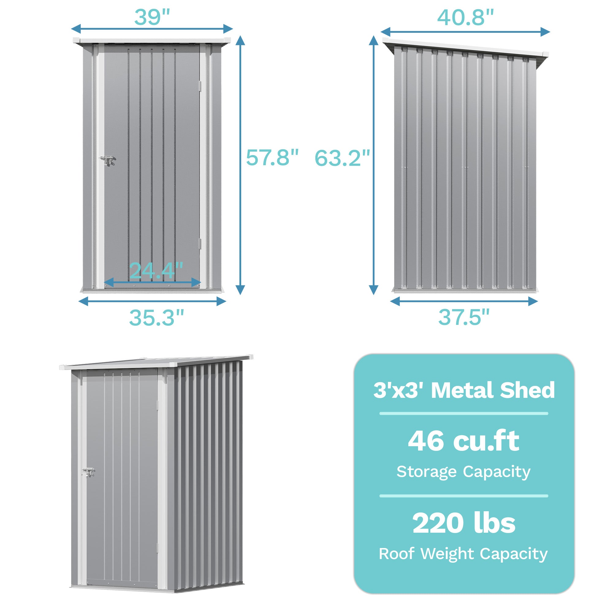 Dimensions and specifications of a 3'x3' metal shed on a white background