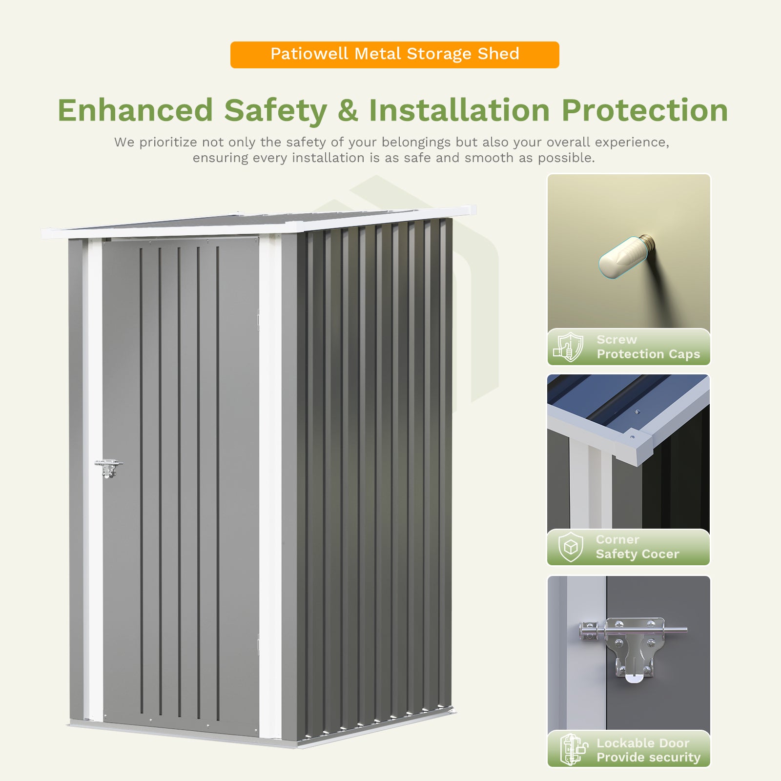 Metal storage shed with safety and installation features highlighted on a white background
