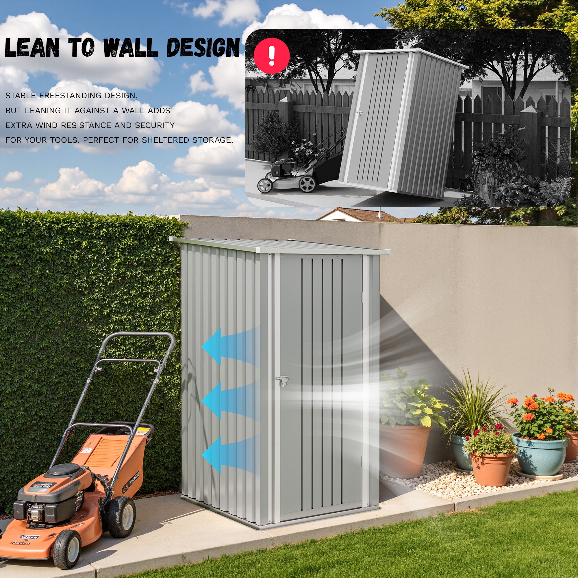 Metal storage shed with a lawn mower and plants, leaning against a wall.
