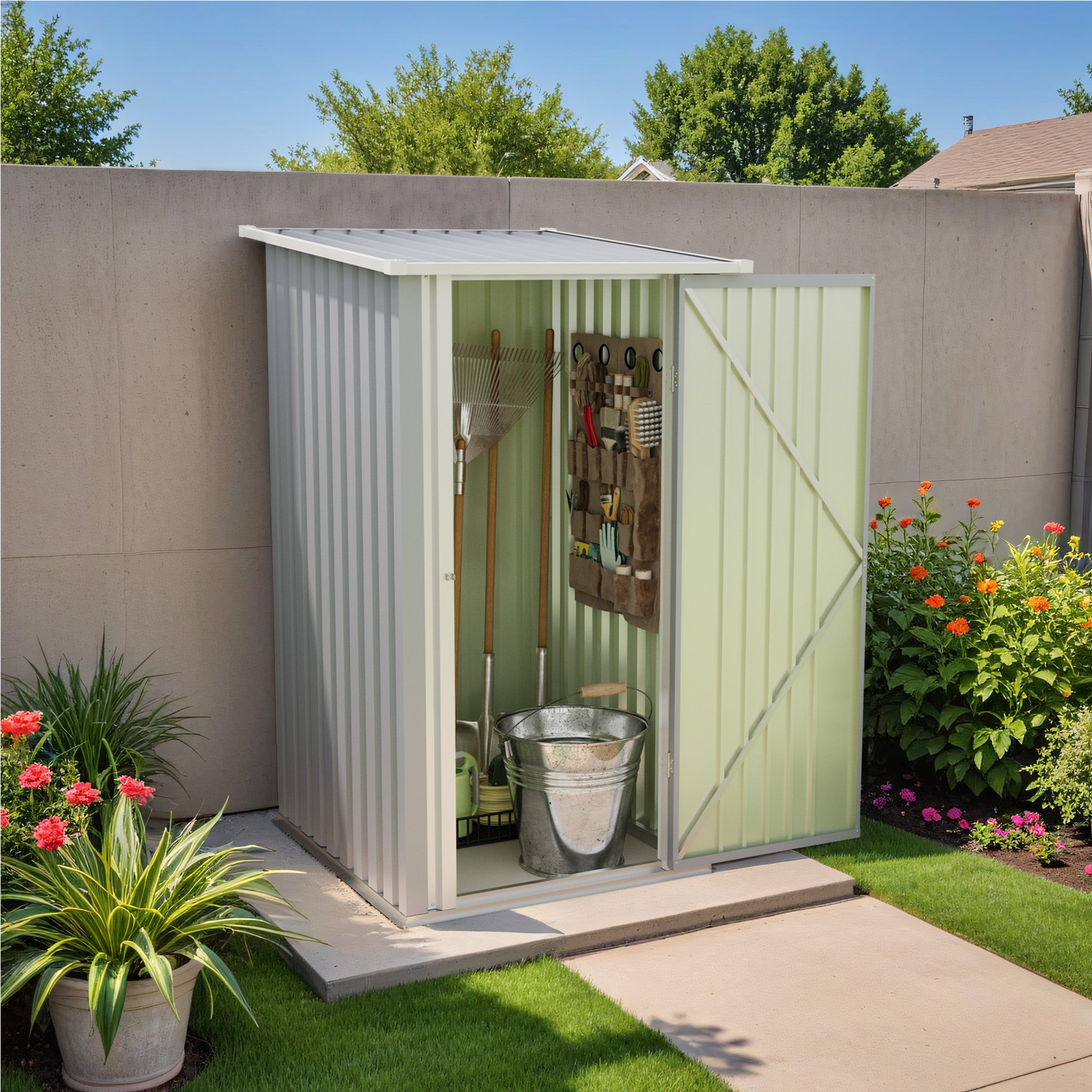 Small garden shed with tools and plants in a backyard setting