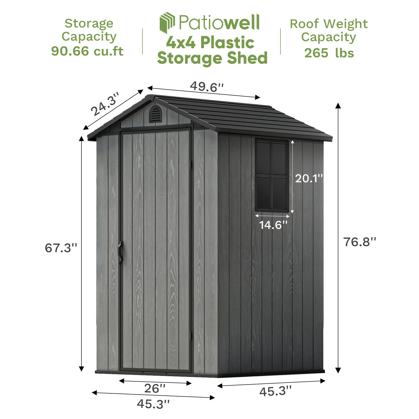 Patiowell 4x4 plastic storage shed with dimensions and capacity details on a white background