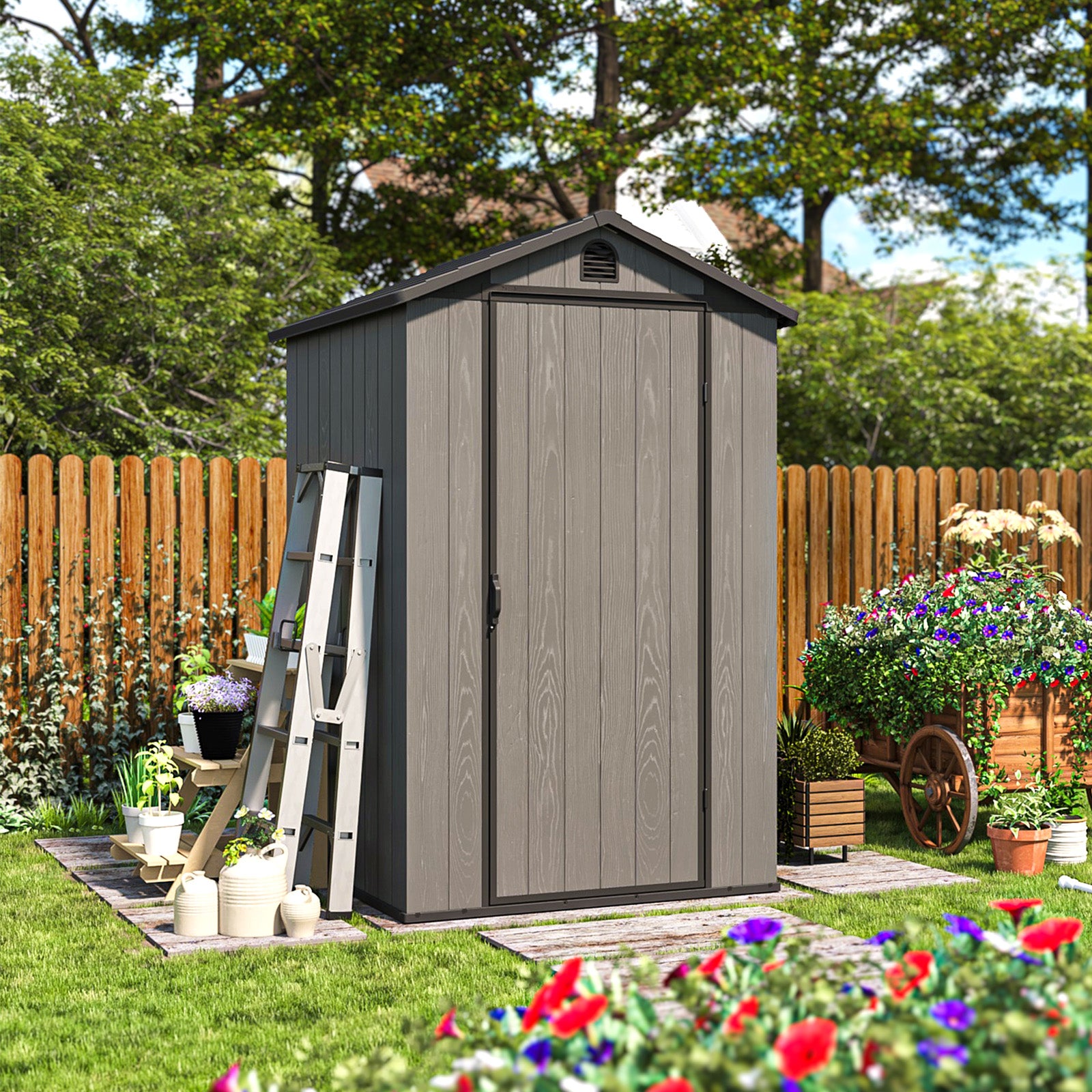 patiowell 4x4 plastic shed in garden for tool storage