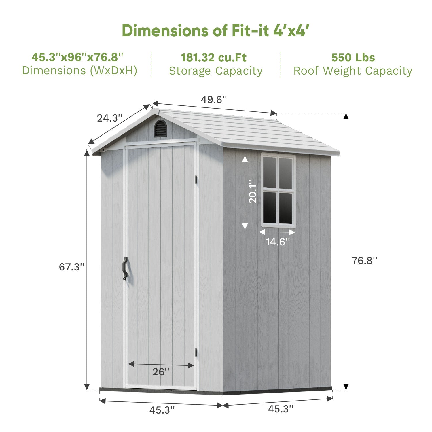 Dimensions of Patiowell 4x4 plastic shed with labeled measurements on a white background