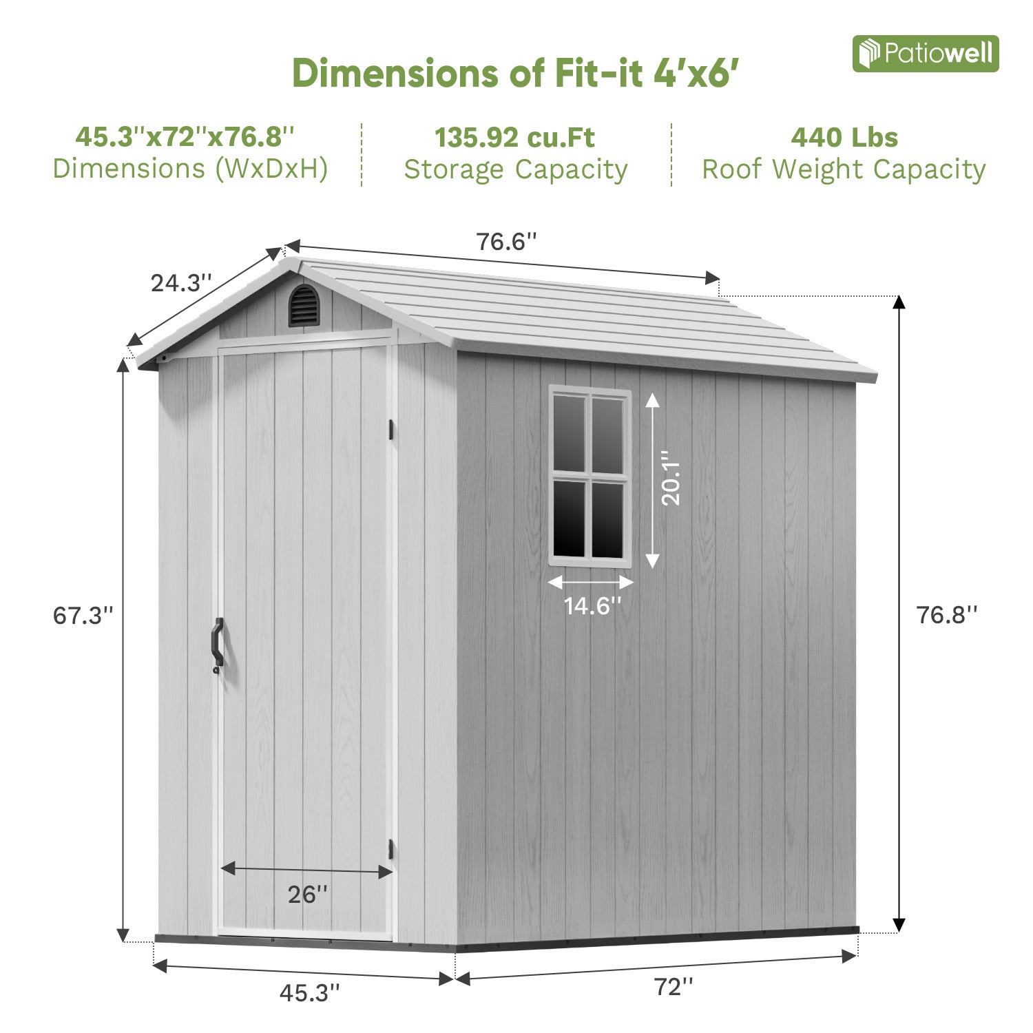 Dimensions of a 4x6 garden shed with labeled measurements on a white background.