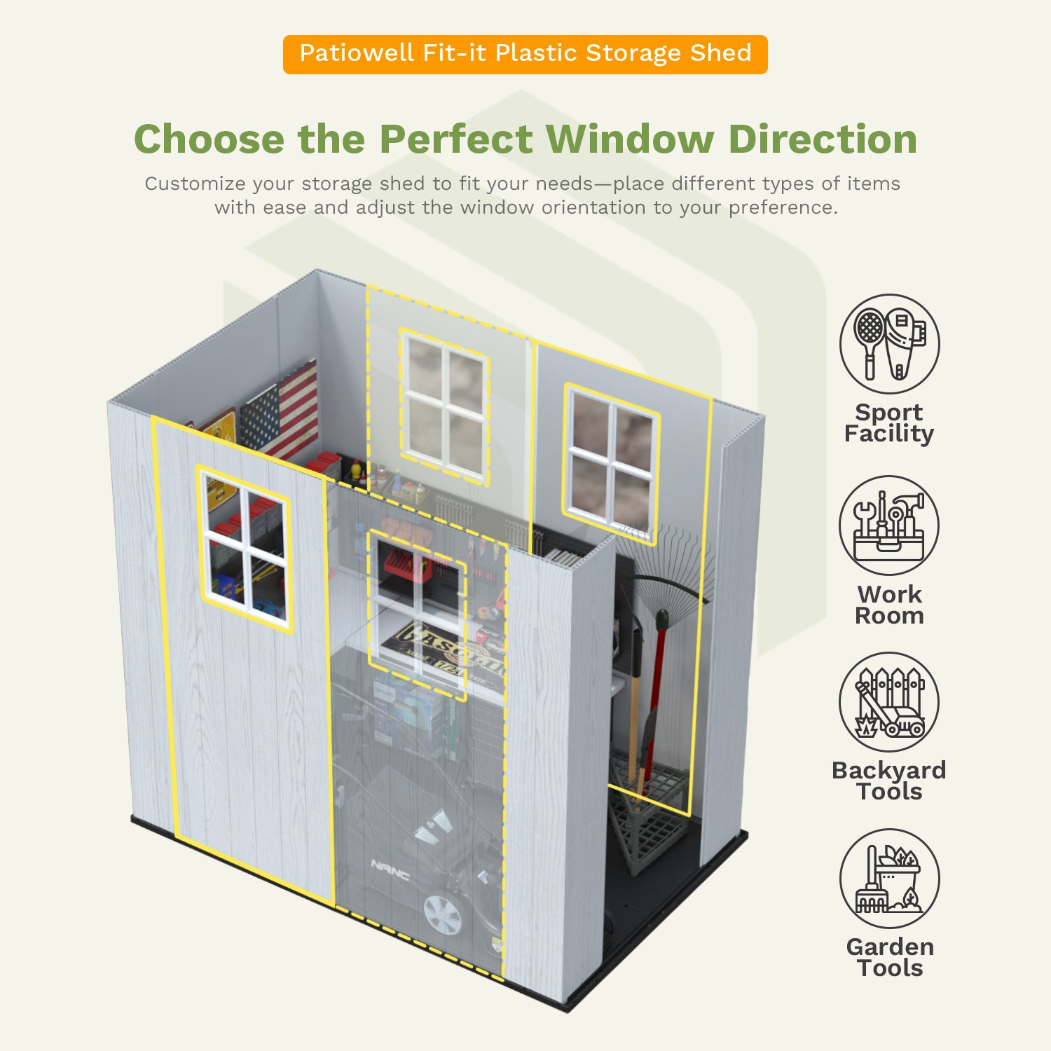 Patiowell 4x8 plastic shed gray can choose the perfect window direction