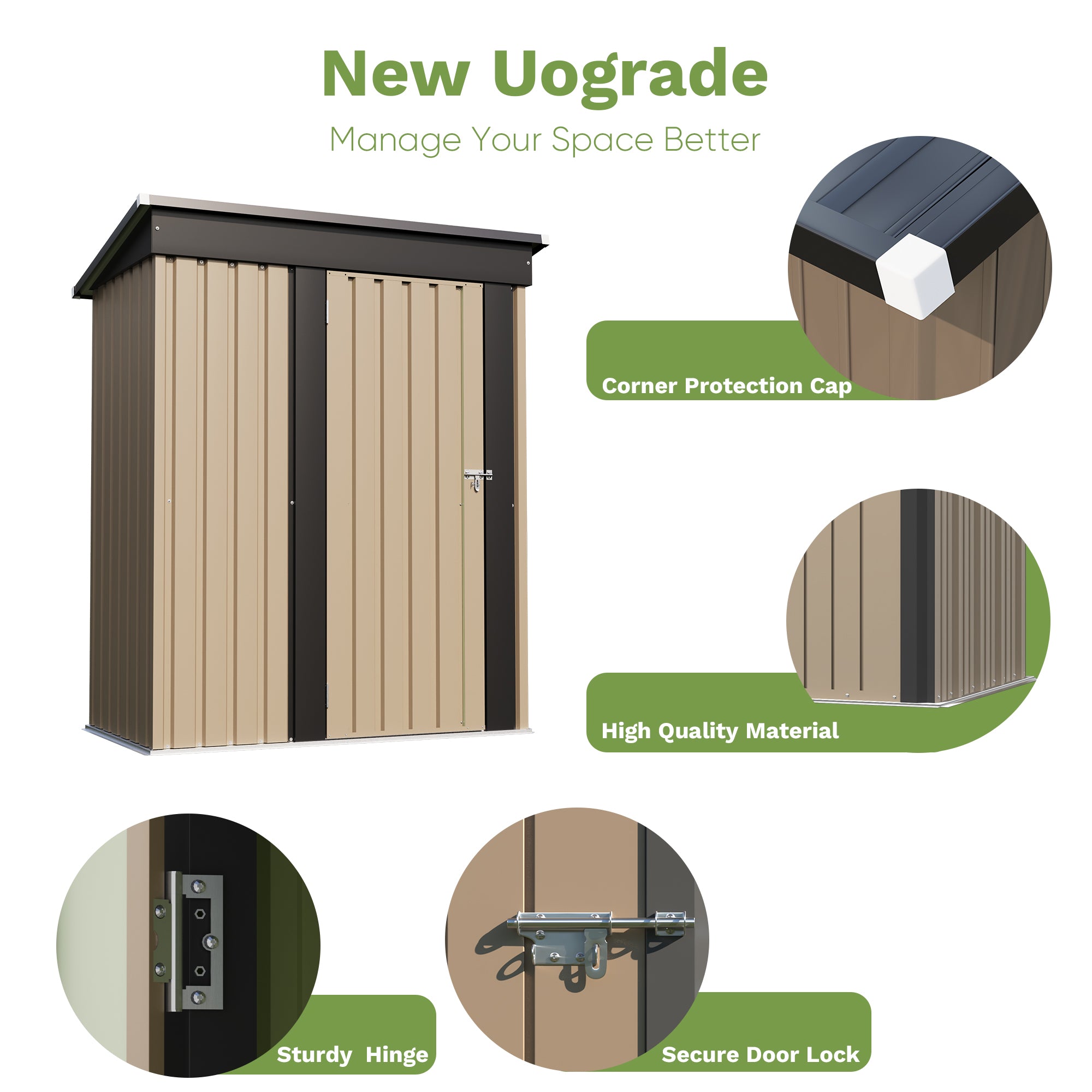 Outdoor storage shed with features highlighted on a white background