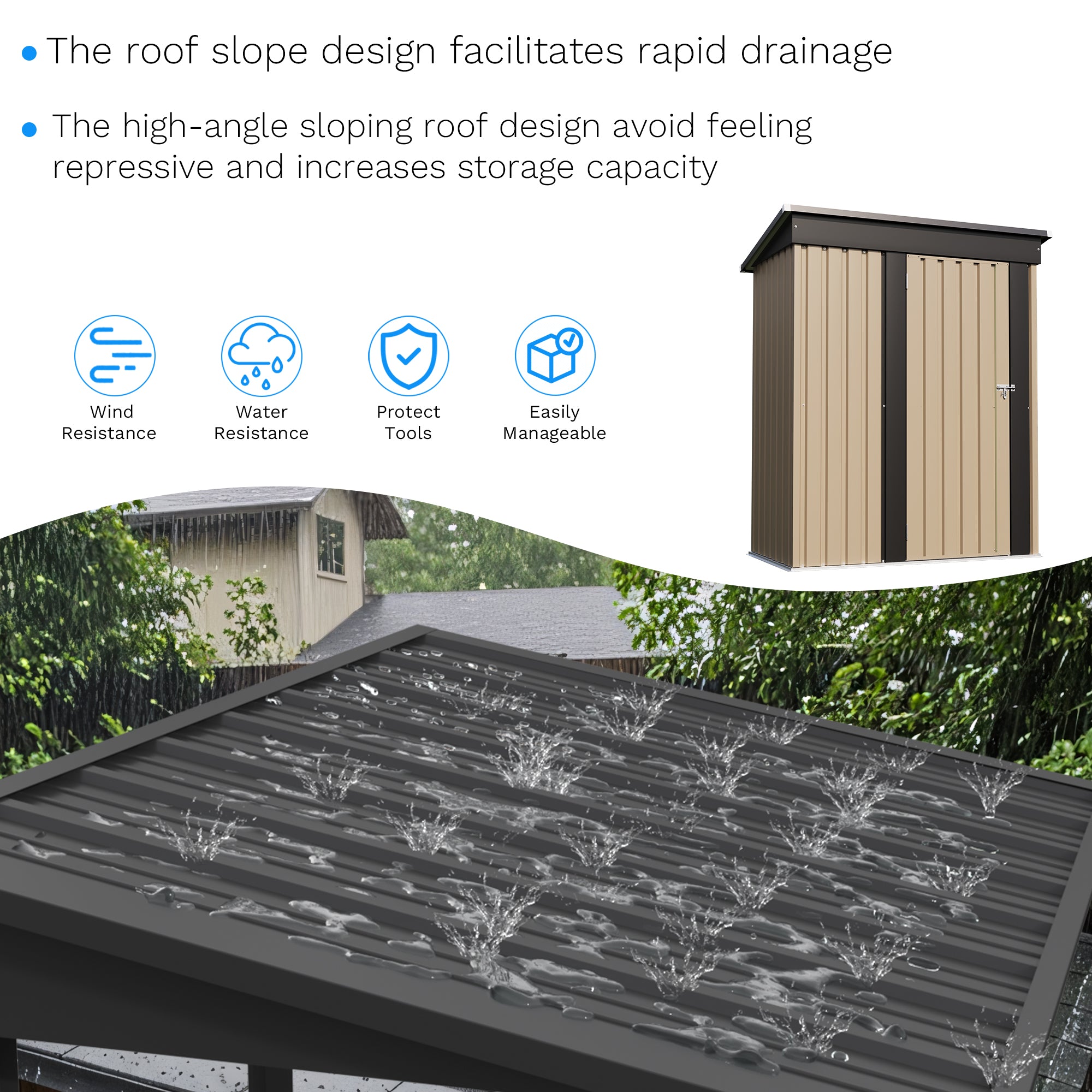 Wooden storage shed with roof slope design features, showing water drainage and text about roof slope benefits.