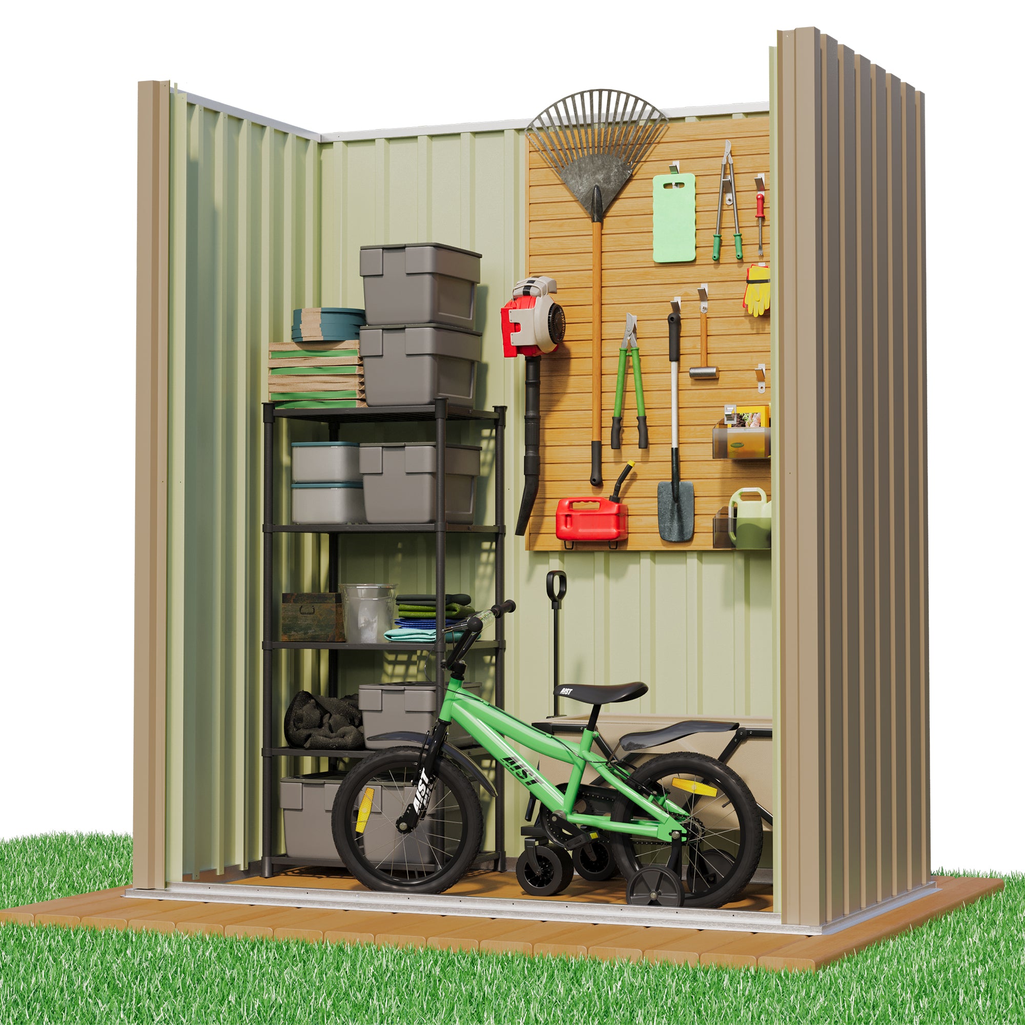 Small storage shed with shelves, storage bins, and gardening tools on a white background