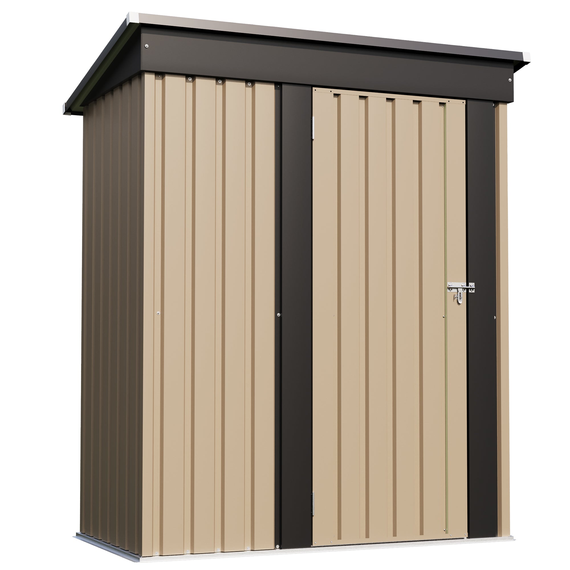 Small storage shed with beige panels and a black roof on a white background