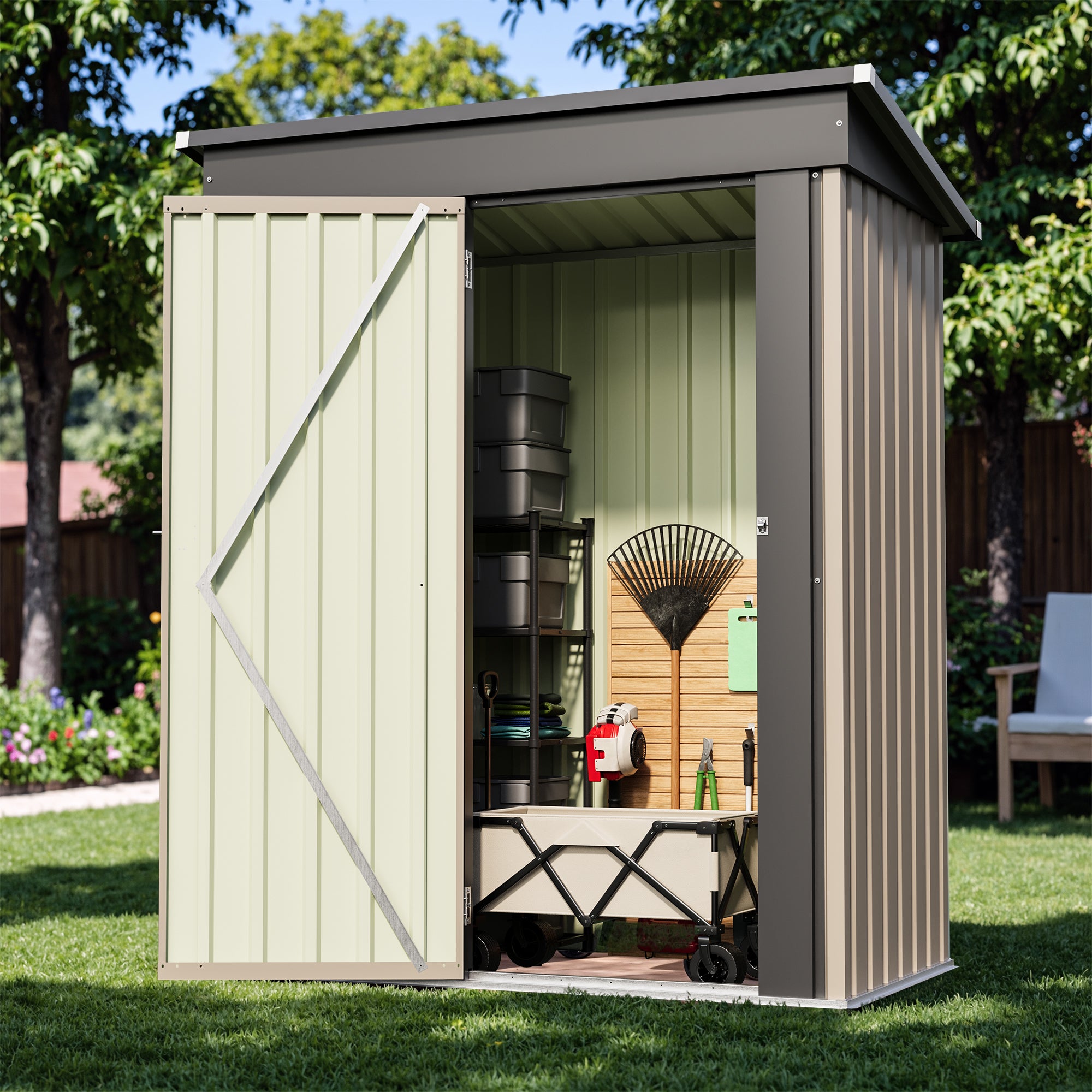 Small garden shed with open door showing storage items on a grassy area with trees in the background.