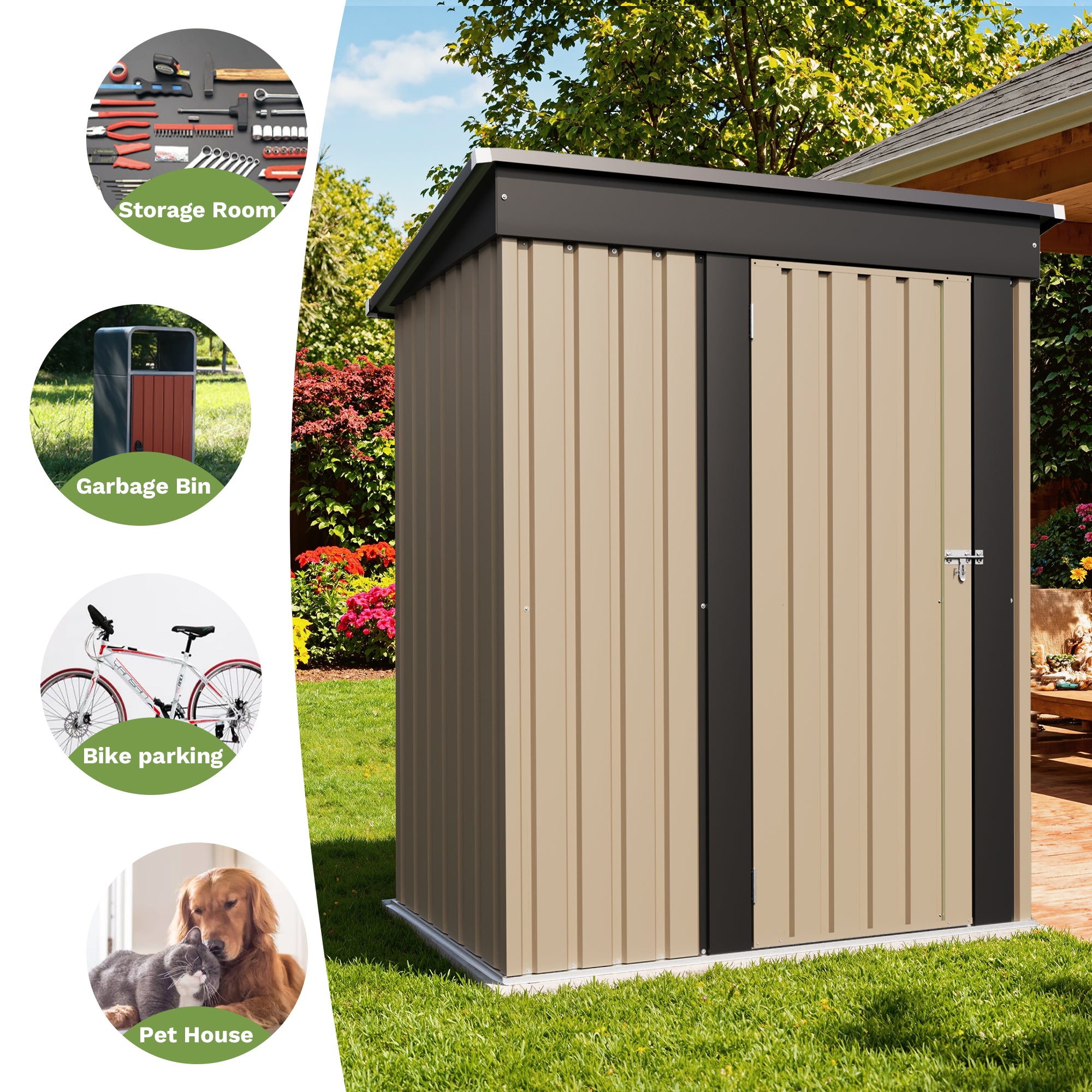 Beige and black storage shed with outdoor features inset icons on a white background
