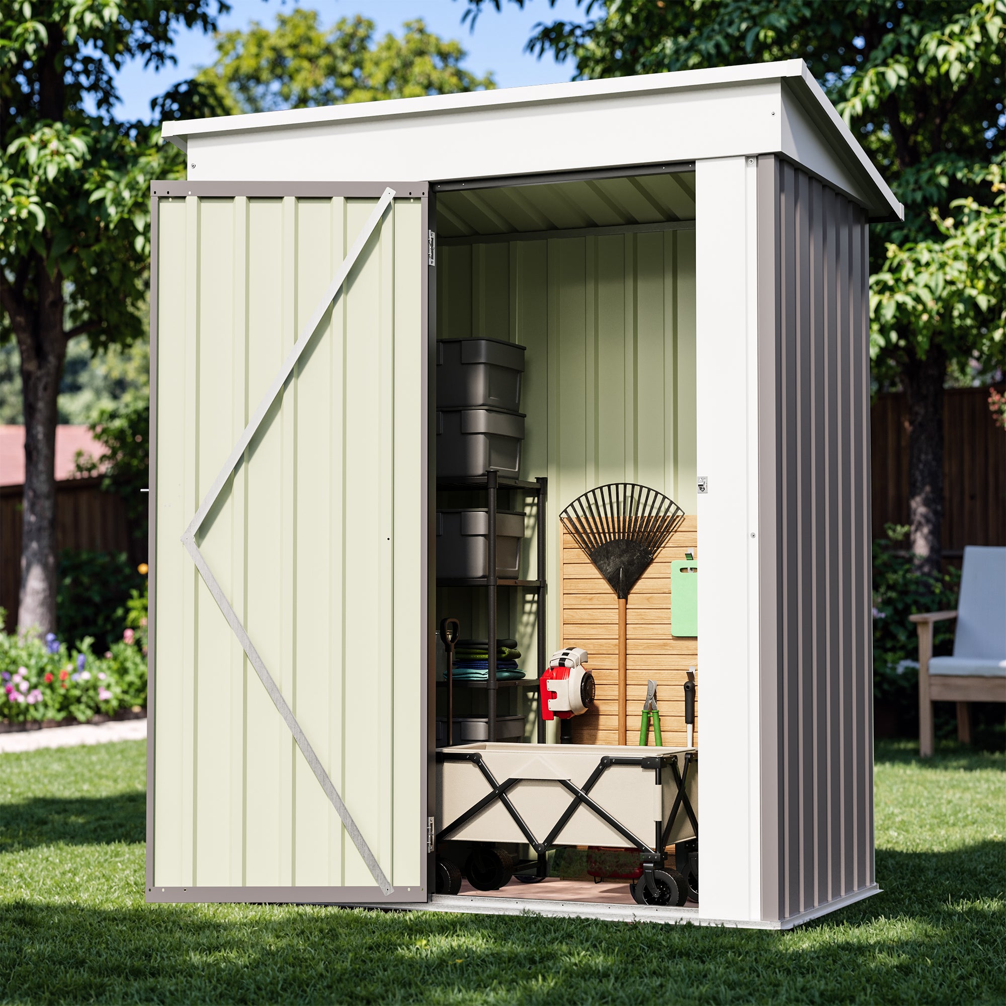 5x3 Small garden shed with open door showing storage items on a grassy area with trees in the background