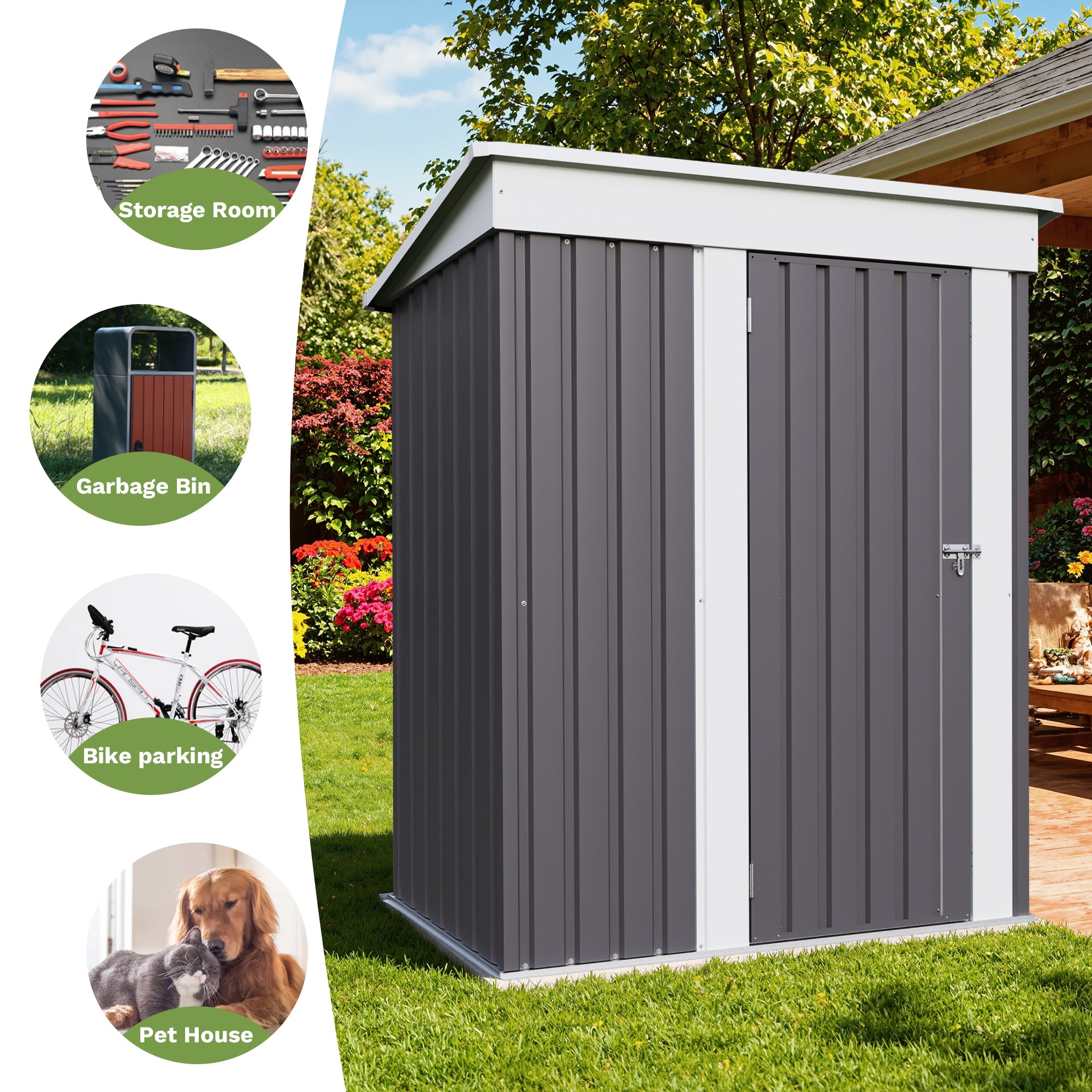 5x3 Gray metal storage shed with features listed on the left, set against a garden background.