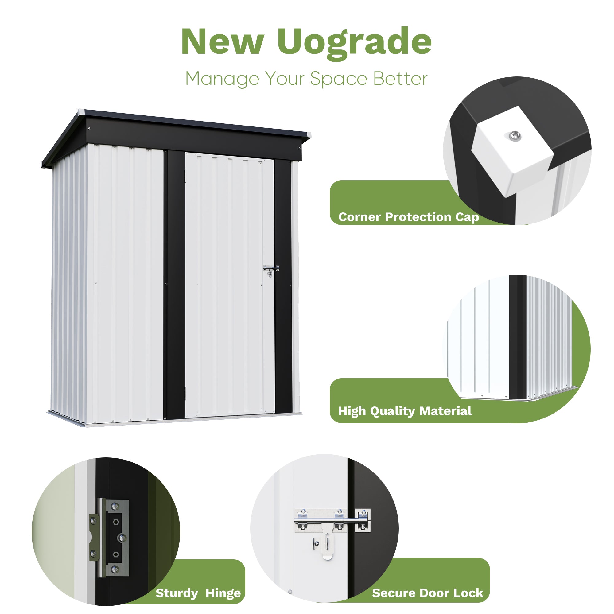 5x3 Metal storage shed with features highlighted on a white background