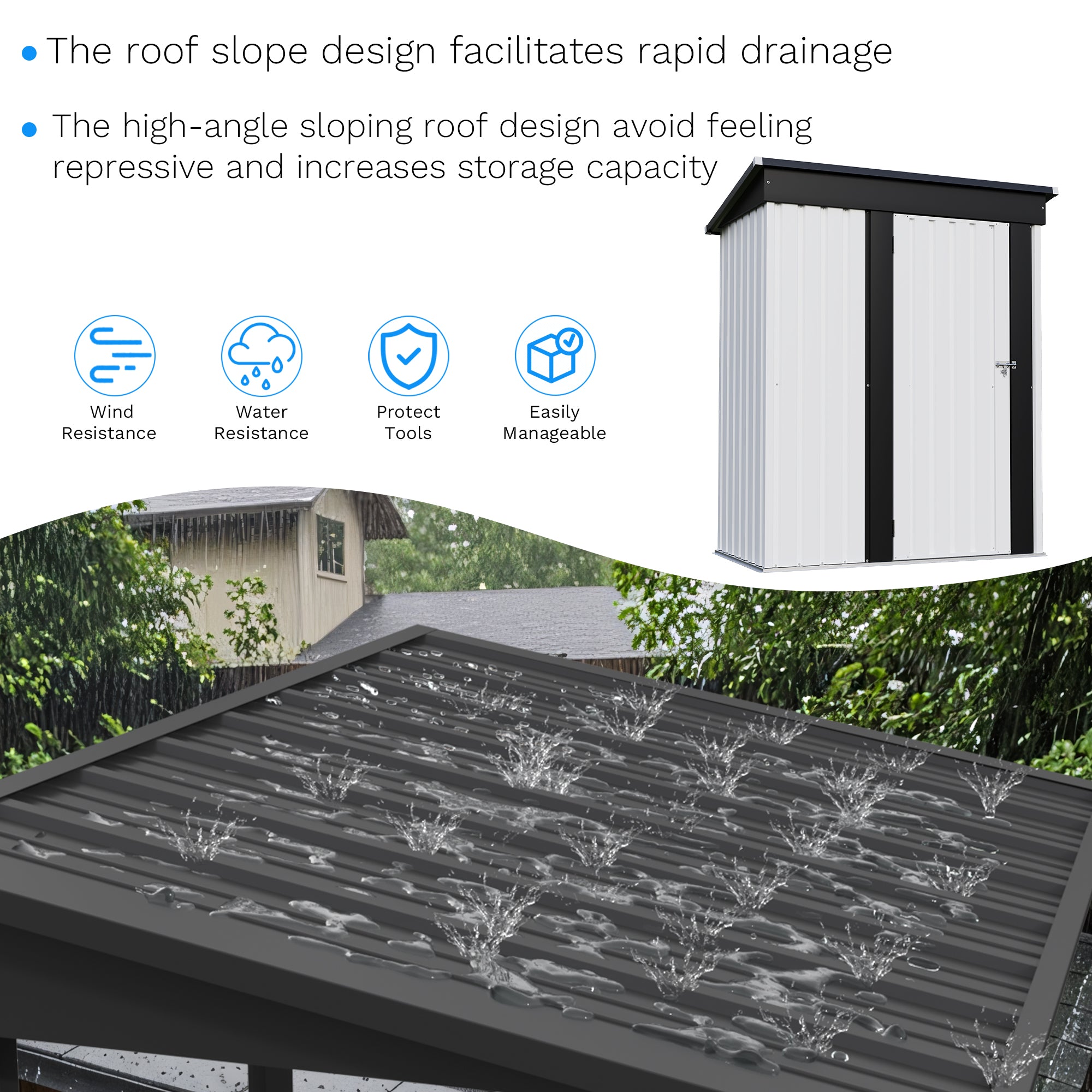 5x3 Roof with water drainage system and storage shed in the background