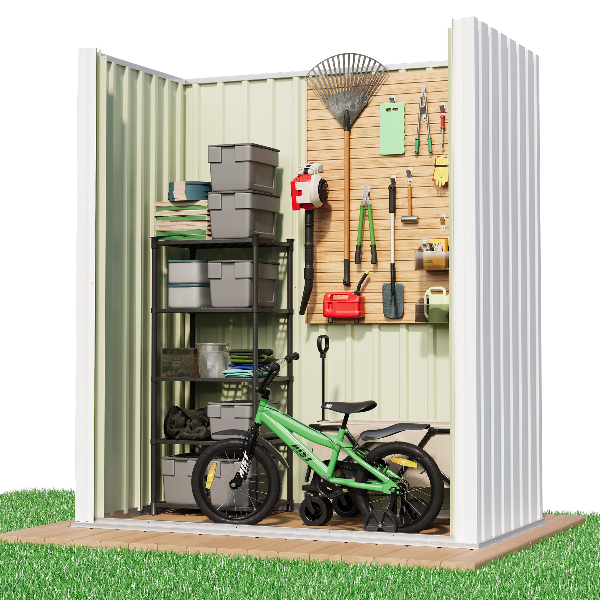 5x3 Small storage shed with a green bike, shelves, and gardening tools on a white background