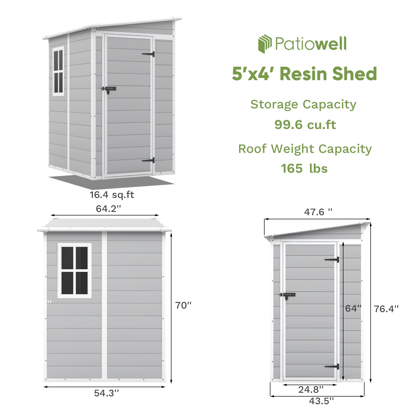 Patiowell 5x4 lean to plastic shed gray