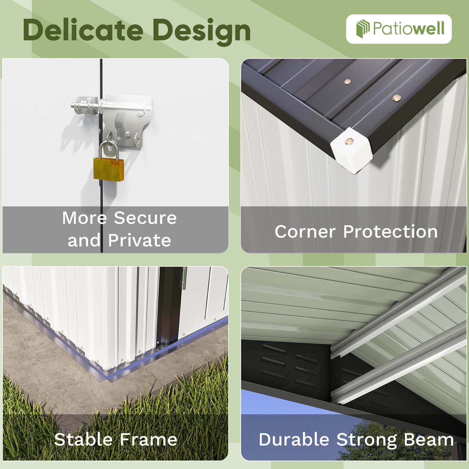 Patiowell 6x4 metal shed features with text on security, corner protection, frame stability, and durable beam.