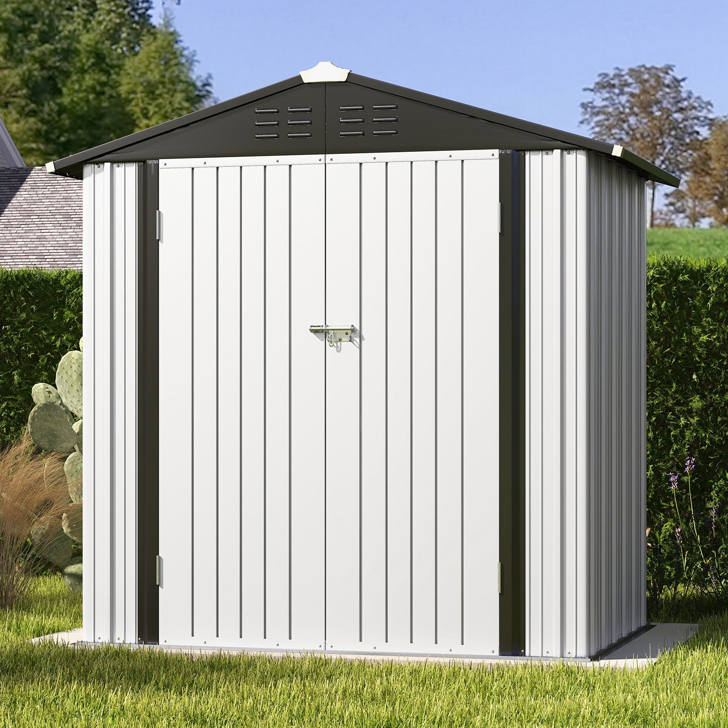 patiowell 6x4 White and black metal storage shed in a garden setting with green grass and trees.