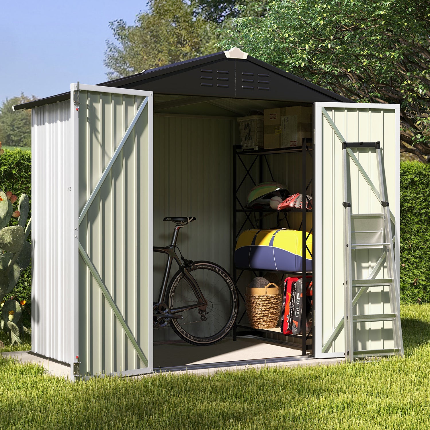 Patiowell 6x4 Metal storage shed with open doors showing a bicycle, surfboard, and other items on a grassy area.