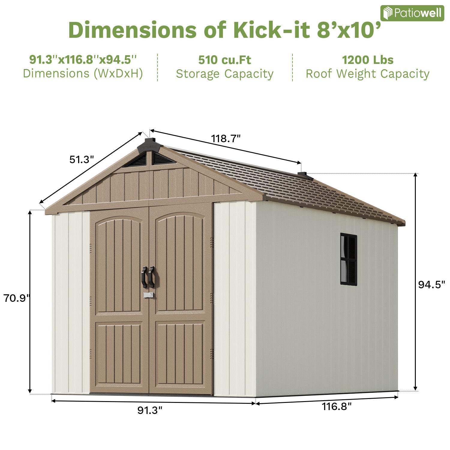 Dimensions of a 8'x10' storage shed with Paticowll branding