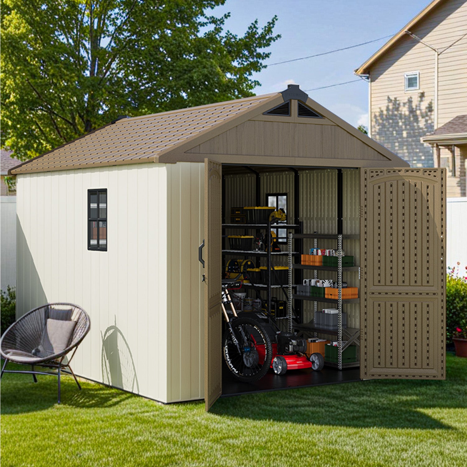 Storage shed with open door showing various items on shelves, surrounded by grass and a house.