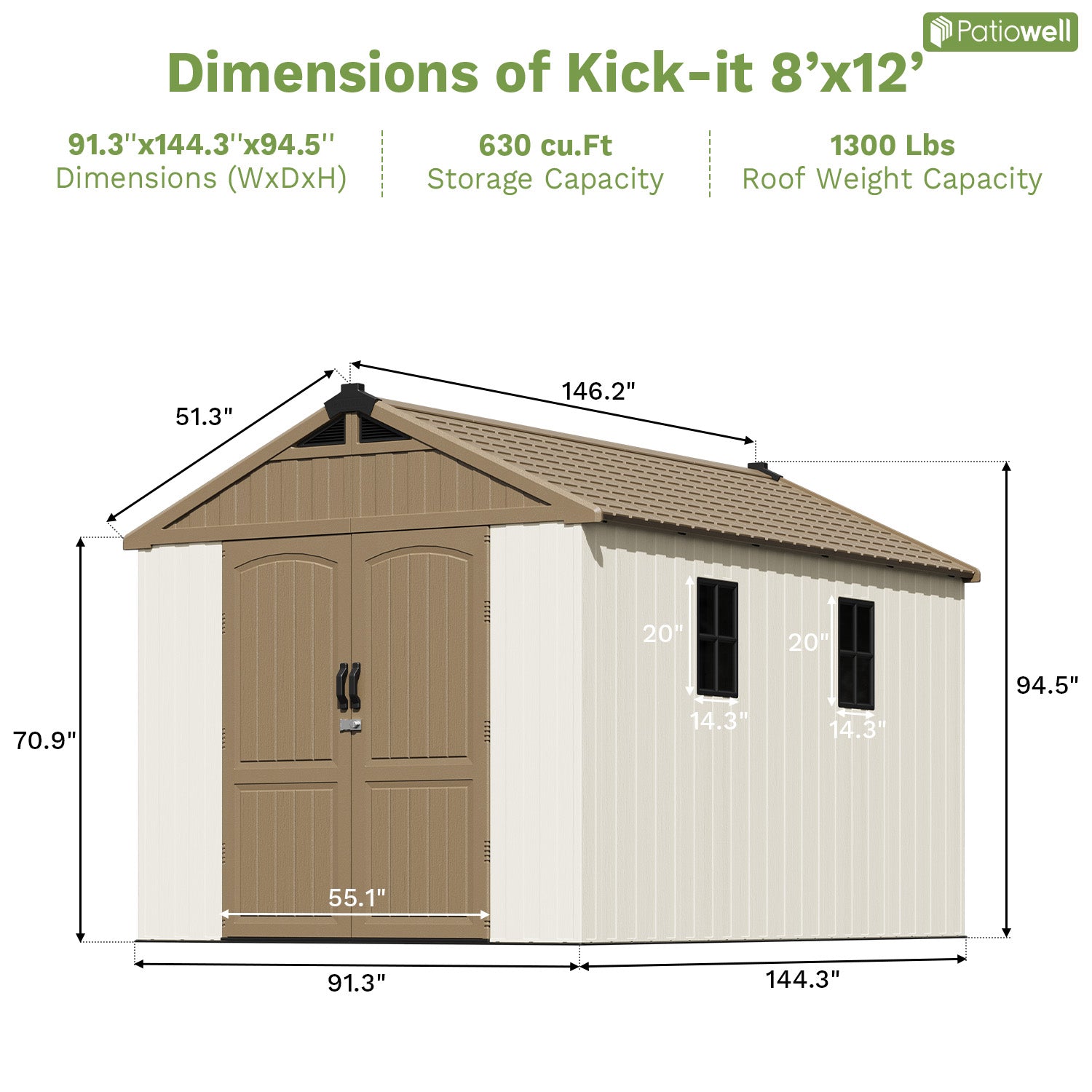 Dimensions of a storage shed with Paticowell branding