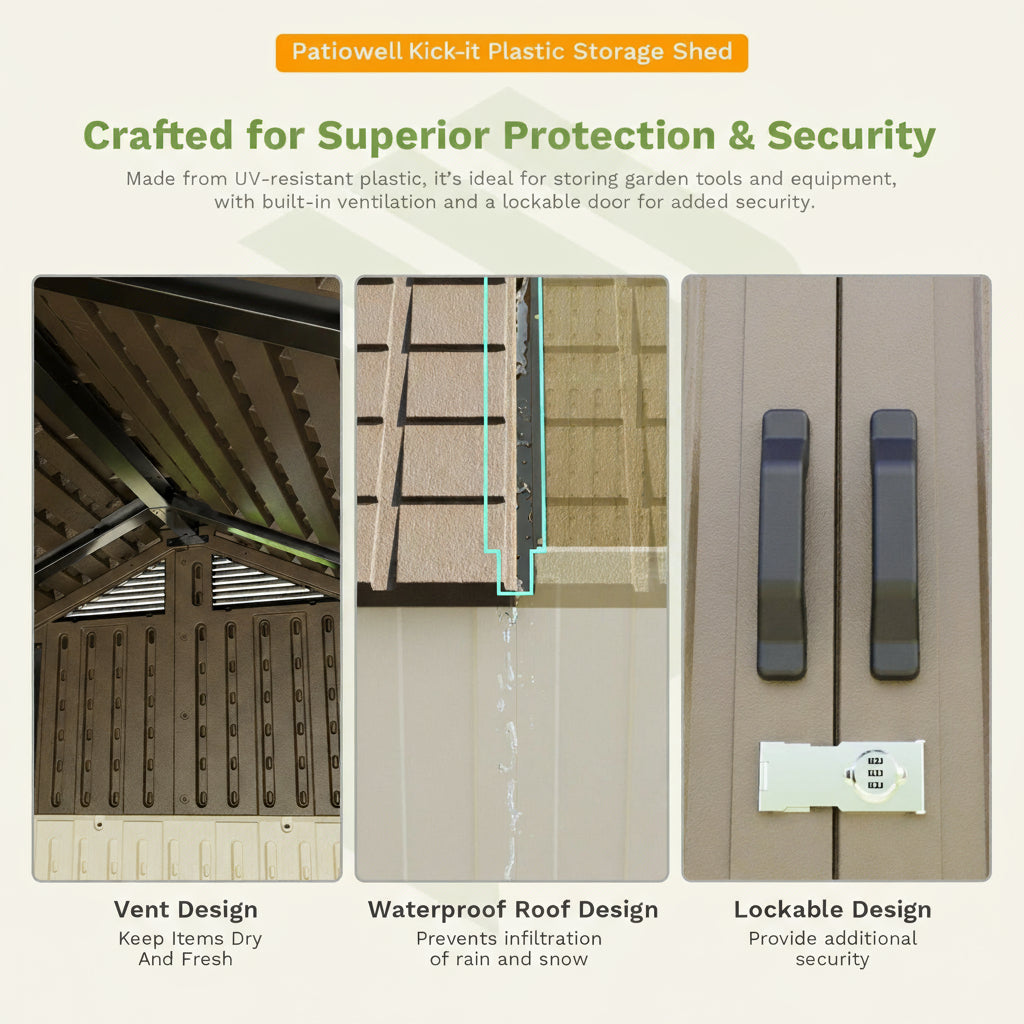 Patiowell Kick-it Plastic Storage Shed with features highlighted on a white background