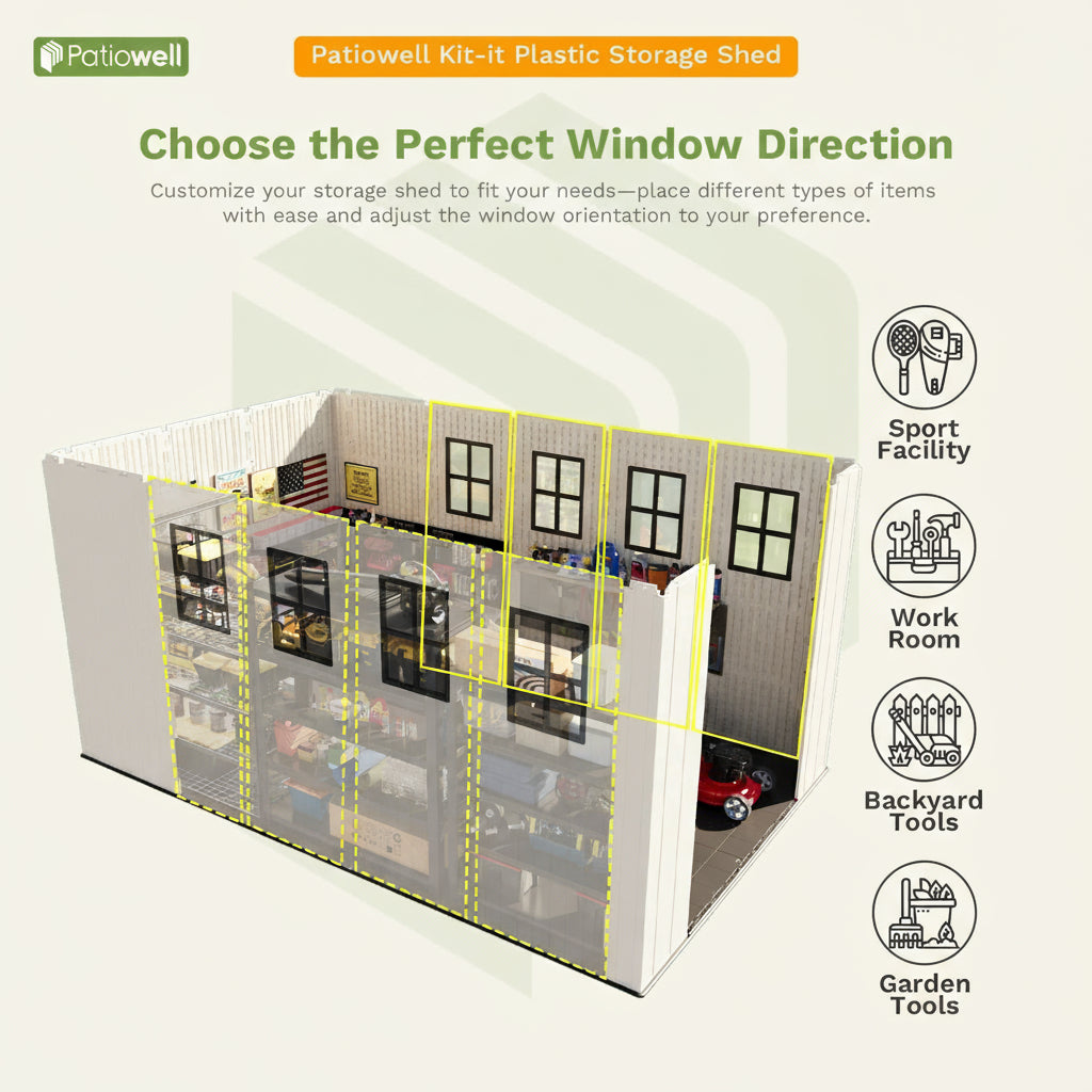 Patiowell plastic storage shed with customizable window directions on a white background