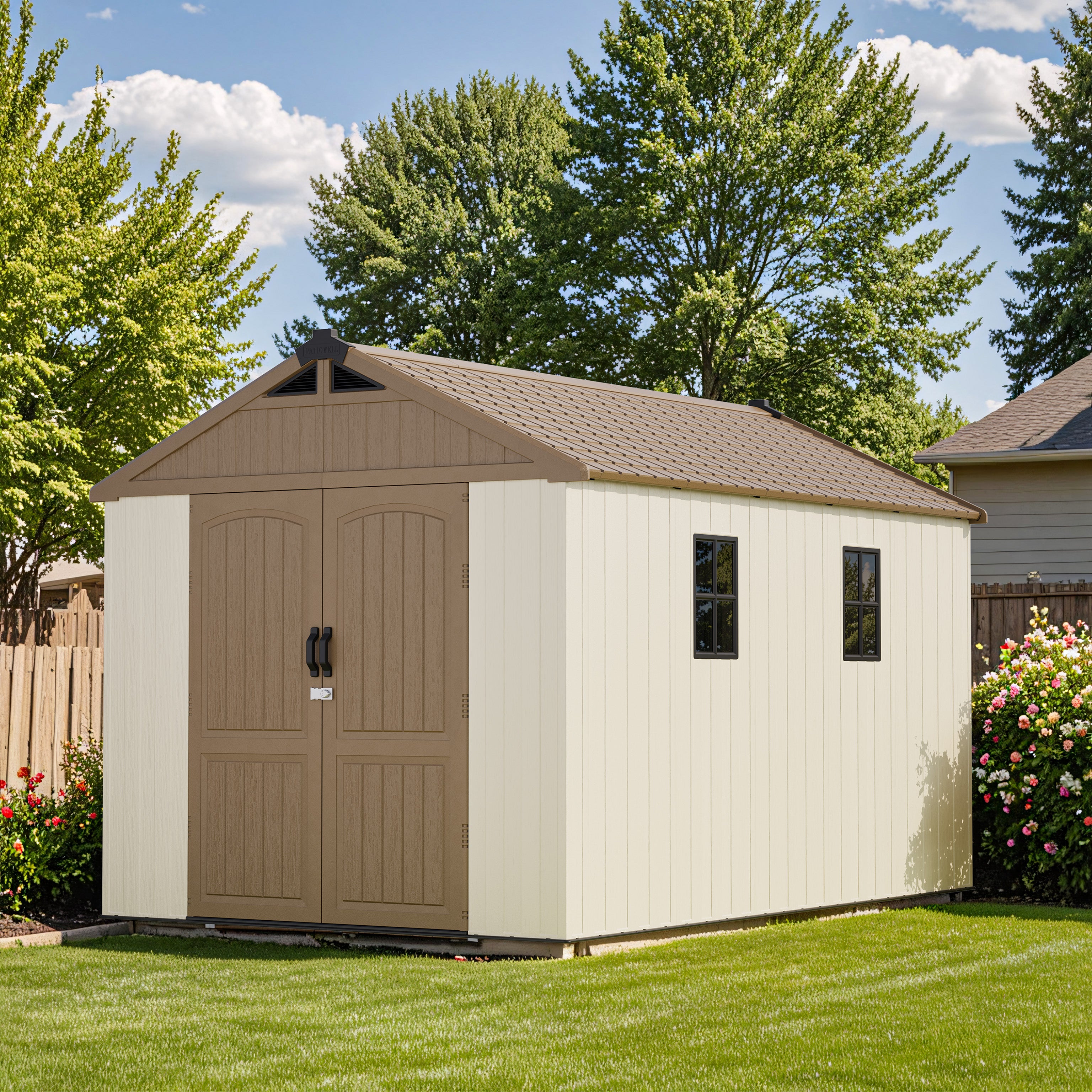 Storage shed with beige exterior and brown roof in a garden setting