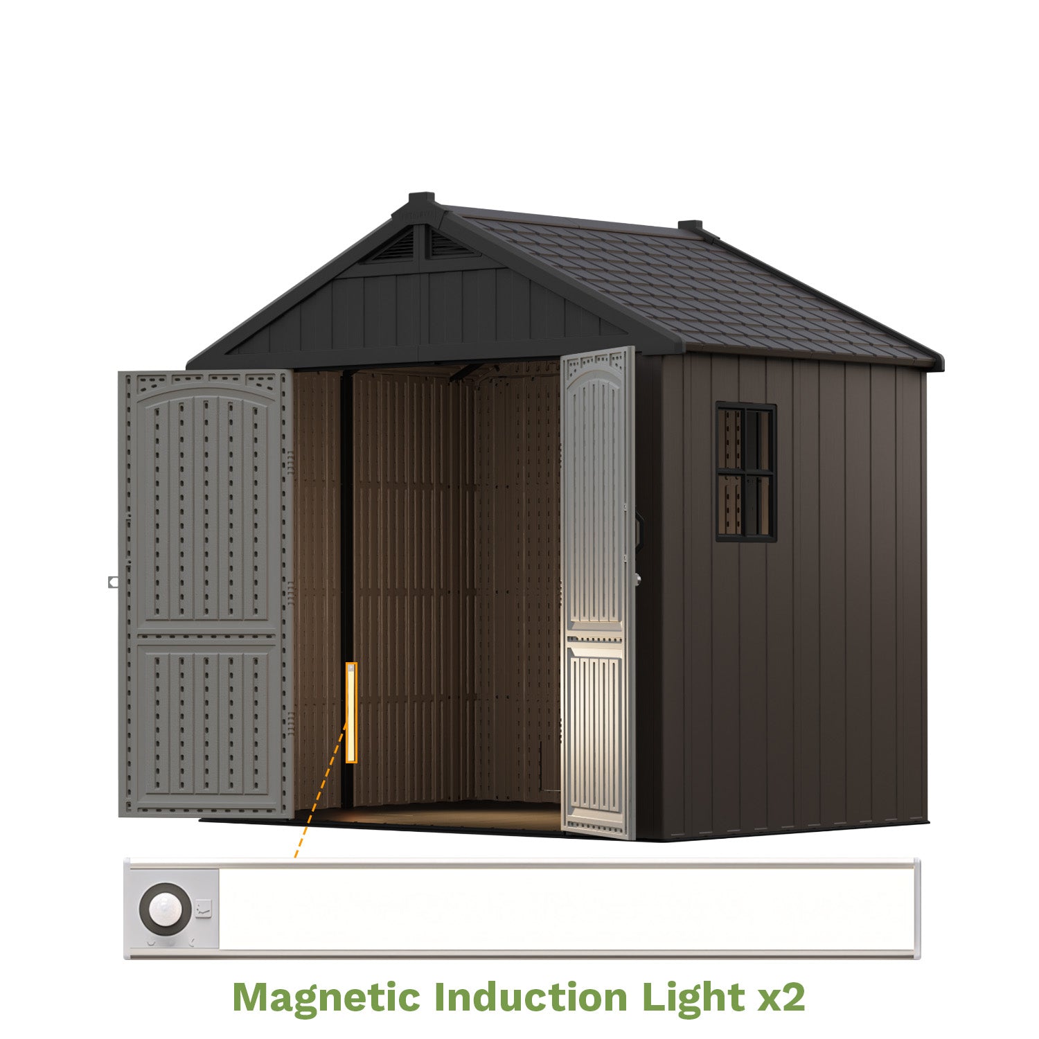 Storage shed with a magnetic induction light labeled x2 on a white background
color:brown