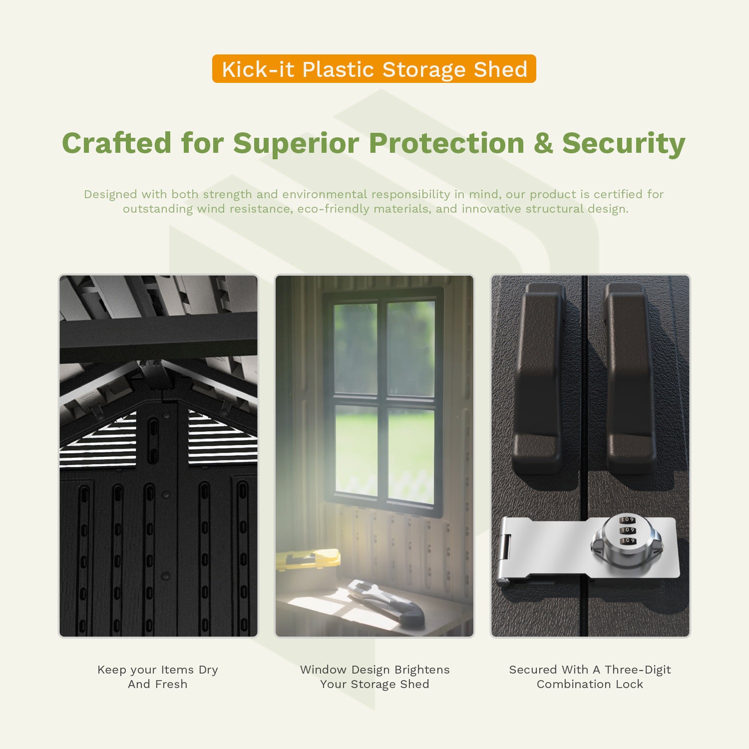 Advertisement for a plastic storage shed with features highlighted on a white background.
color:brown,gray white|Led Lighting:not included,included