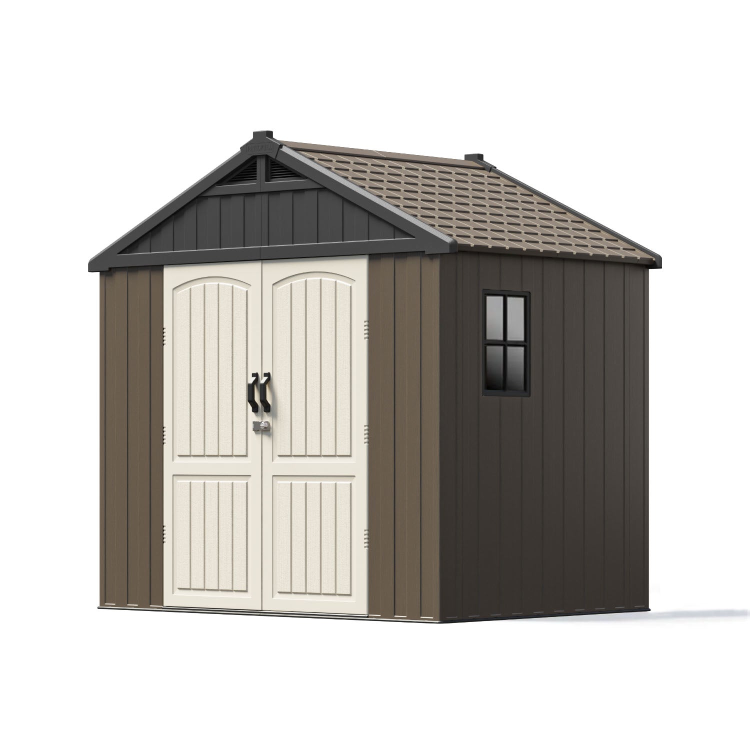 Brown storage shed with white doors on a white background
color:brown