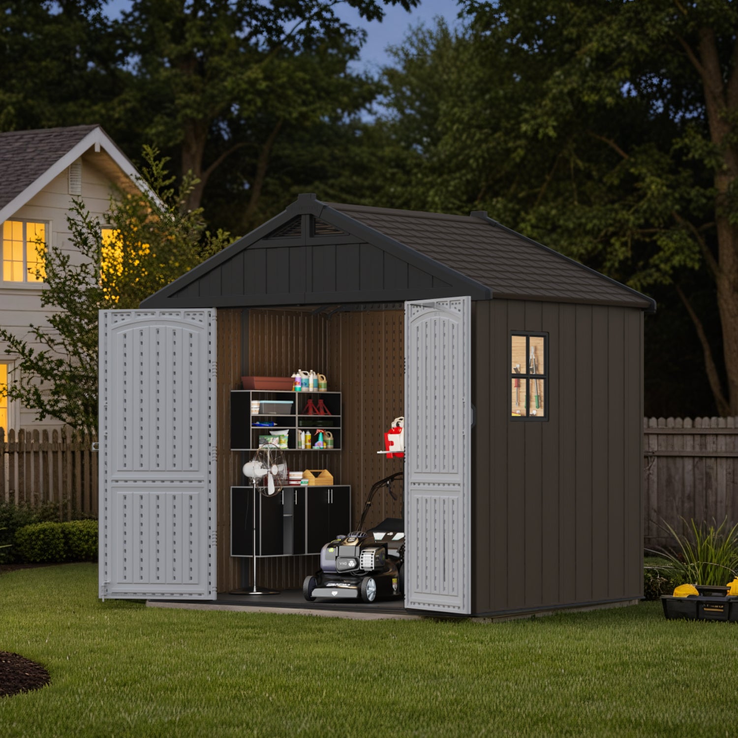 Storage shed with open doors in a backyard setting
color:brown
